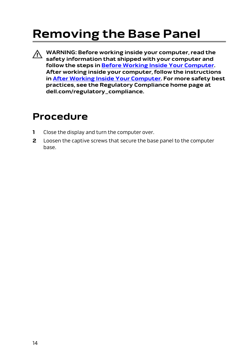 Removing the base panel, Procedure | Dell Alienware 13 (Late 2014) User Manual | Page 14 / 119