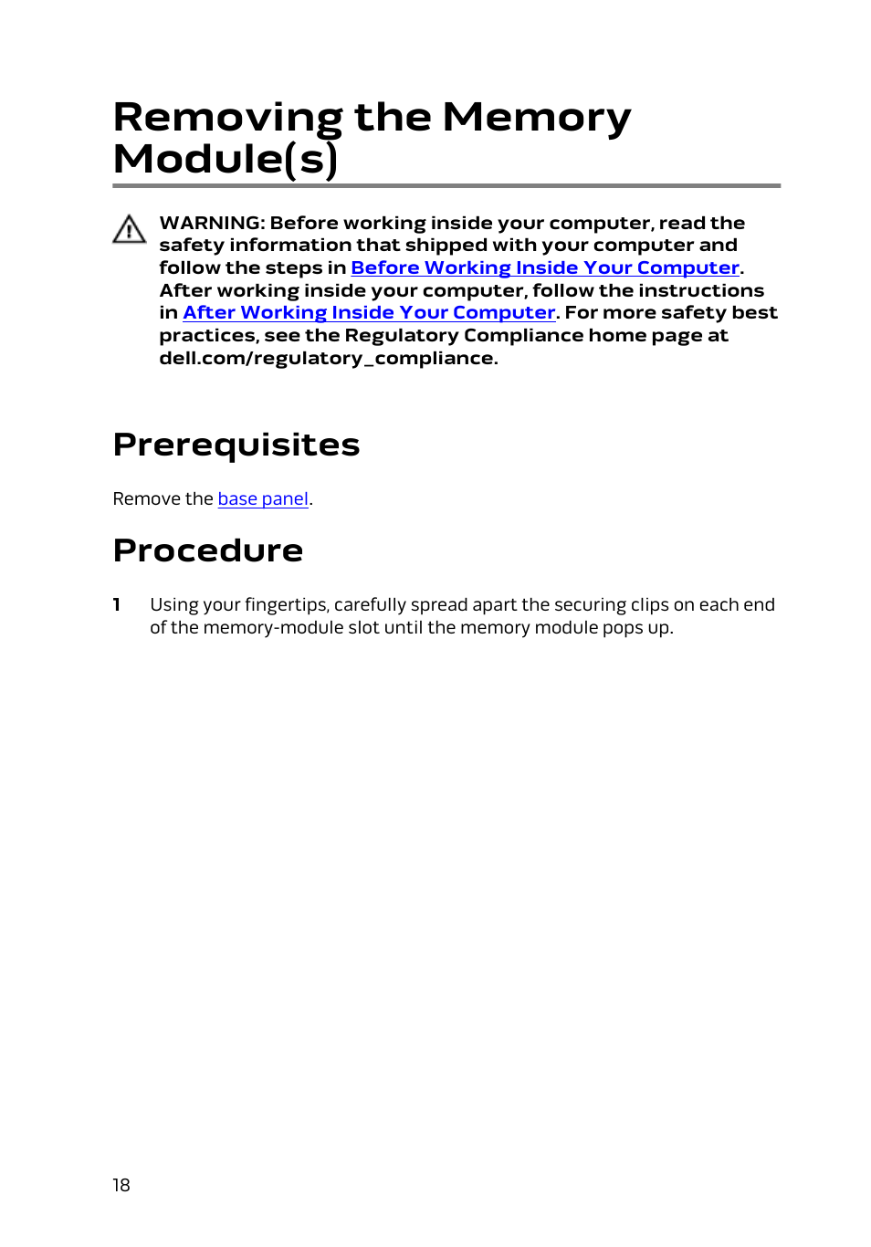 Removing the memory module(s), Prerequisites, Procedure | Dell Alienware 13 (Late 2014) User Manual | Page 18 / 119