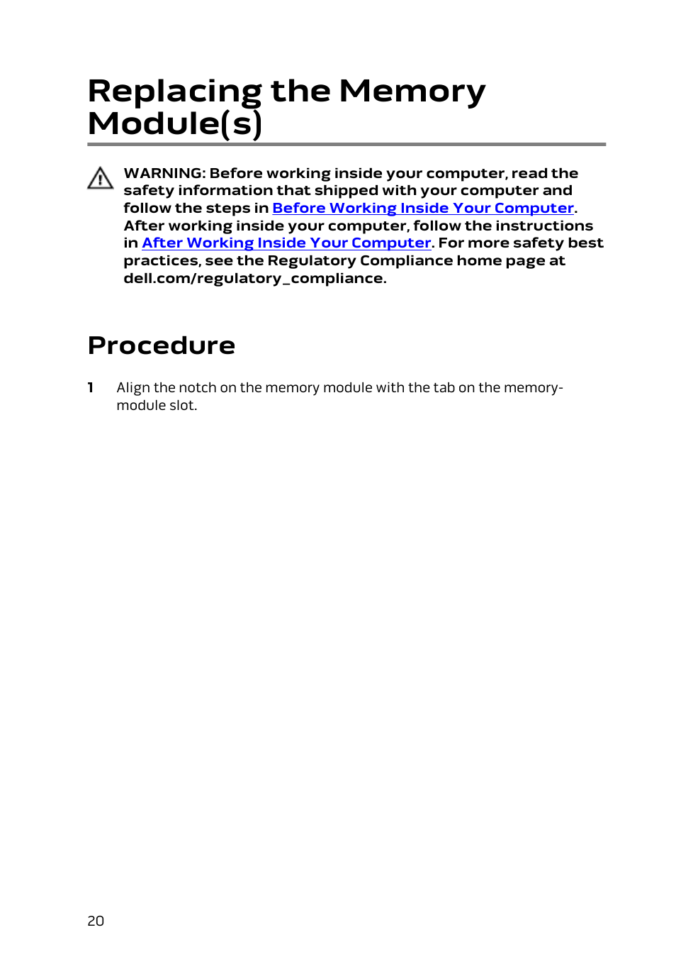 Replacing the memory module(s), Procedure | Dell Alienware 13 (Late 2014) User Manual | Page 20 / 119