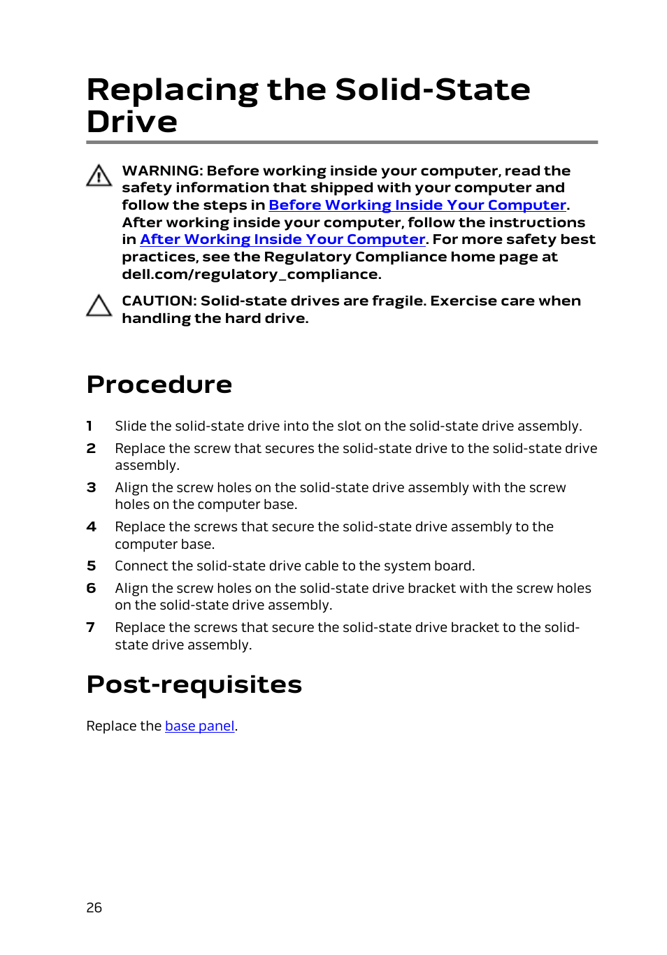 Replacing the solid-state drive, Procedure, Post-requisites | Dell Alienware 13 (Late 2014) User Manual | Page 26 / 119