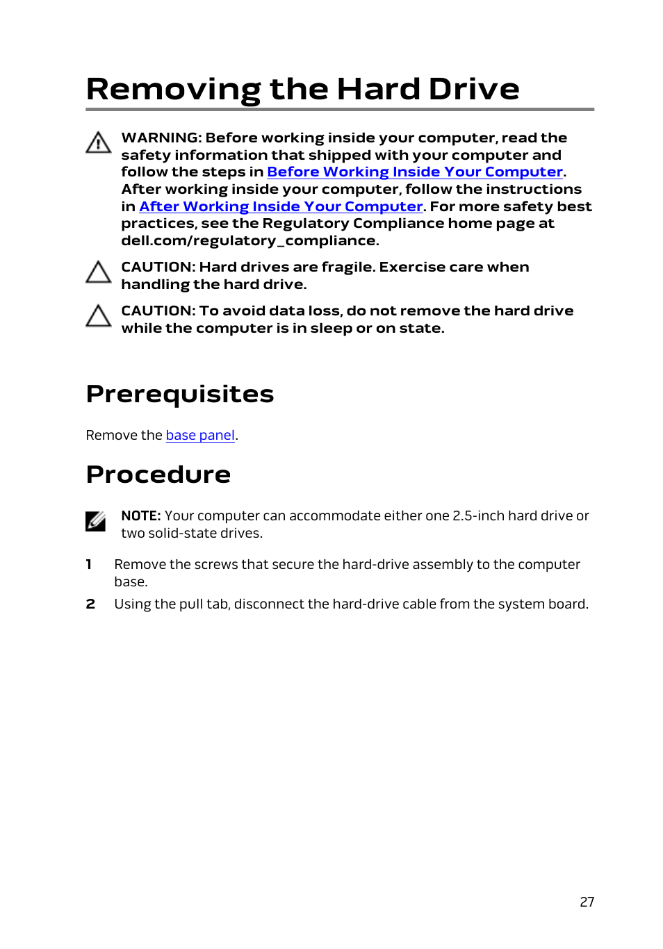 Removing the hard drive, Prerequisites, Procedure | Dell Alienware 13 (Late 2014) User Manual | Page 27 / 119