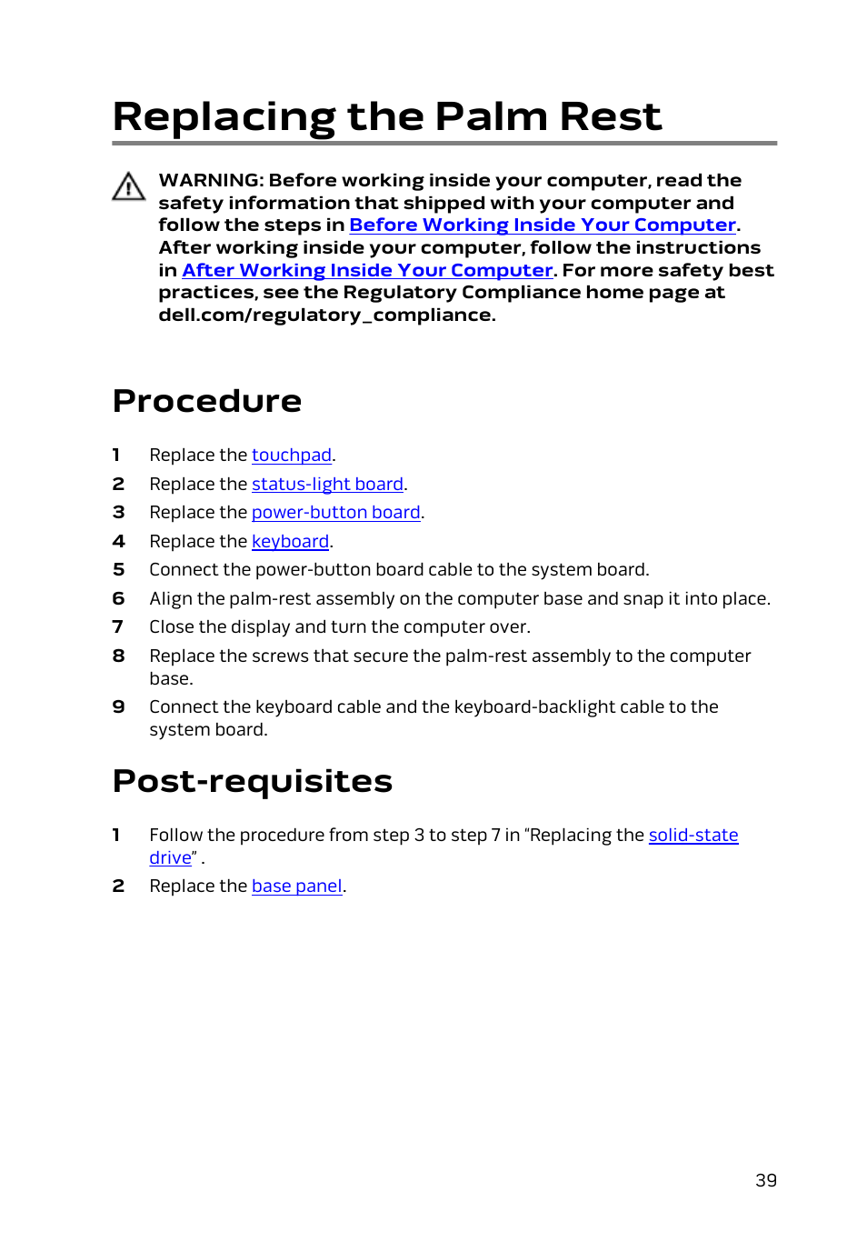 Replacing the palm rest, Procedure, Post-requisites | Dell Alienware 13 (Late 2014) User Manual | Page 39 / 119