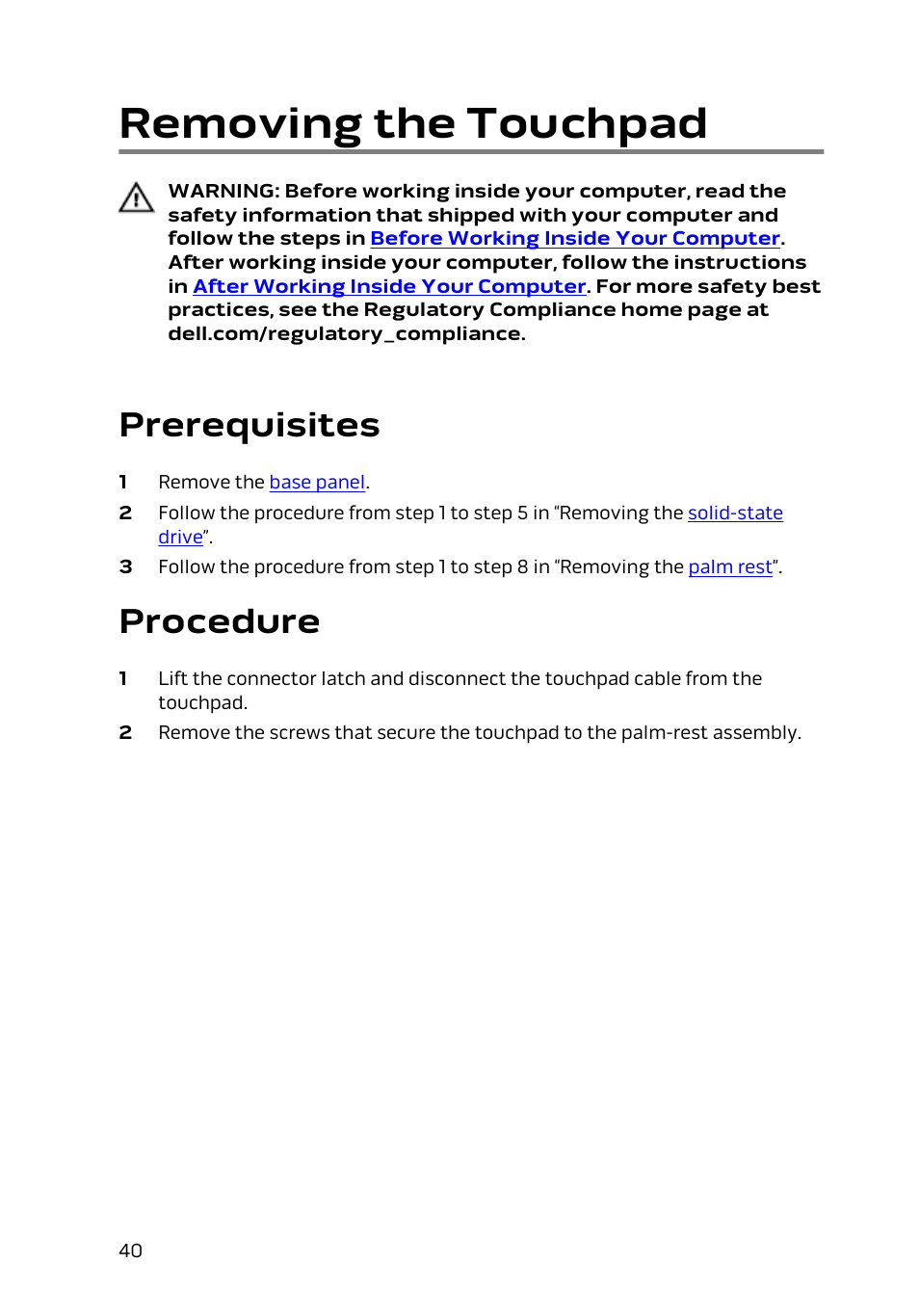 Removing the touchpad, Prerequisites, Procedure | Dell Alienware 13 (Late 2014) User Manual | Page 40 / 119