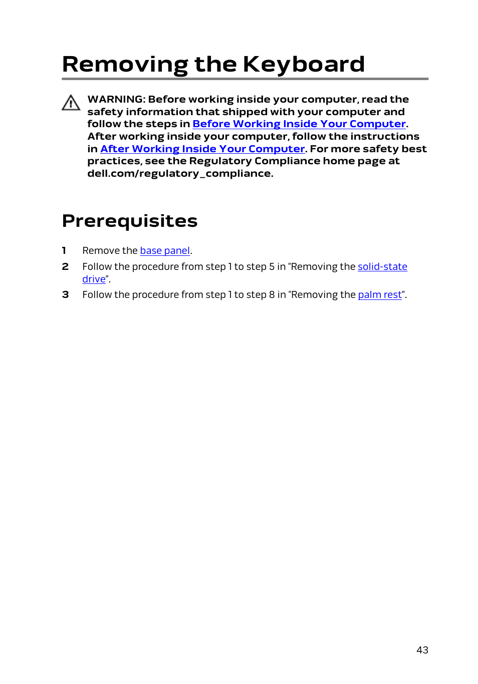 Removing the keyboard, Prerequisites | Dell Alienware 13 (Late 2014) User Manual | Page 43 / 119