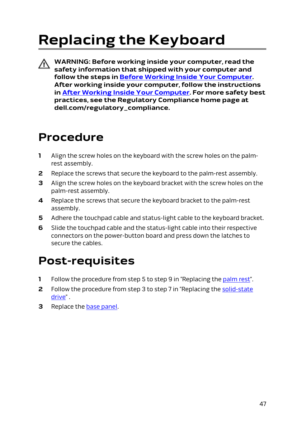 Replacing the keyboard, Procedure, Post-requisites | Keyboard | Dell Alienware 13 (Late 2014) User Manual | Page 47 / 119