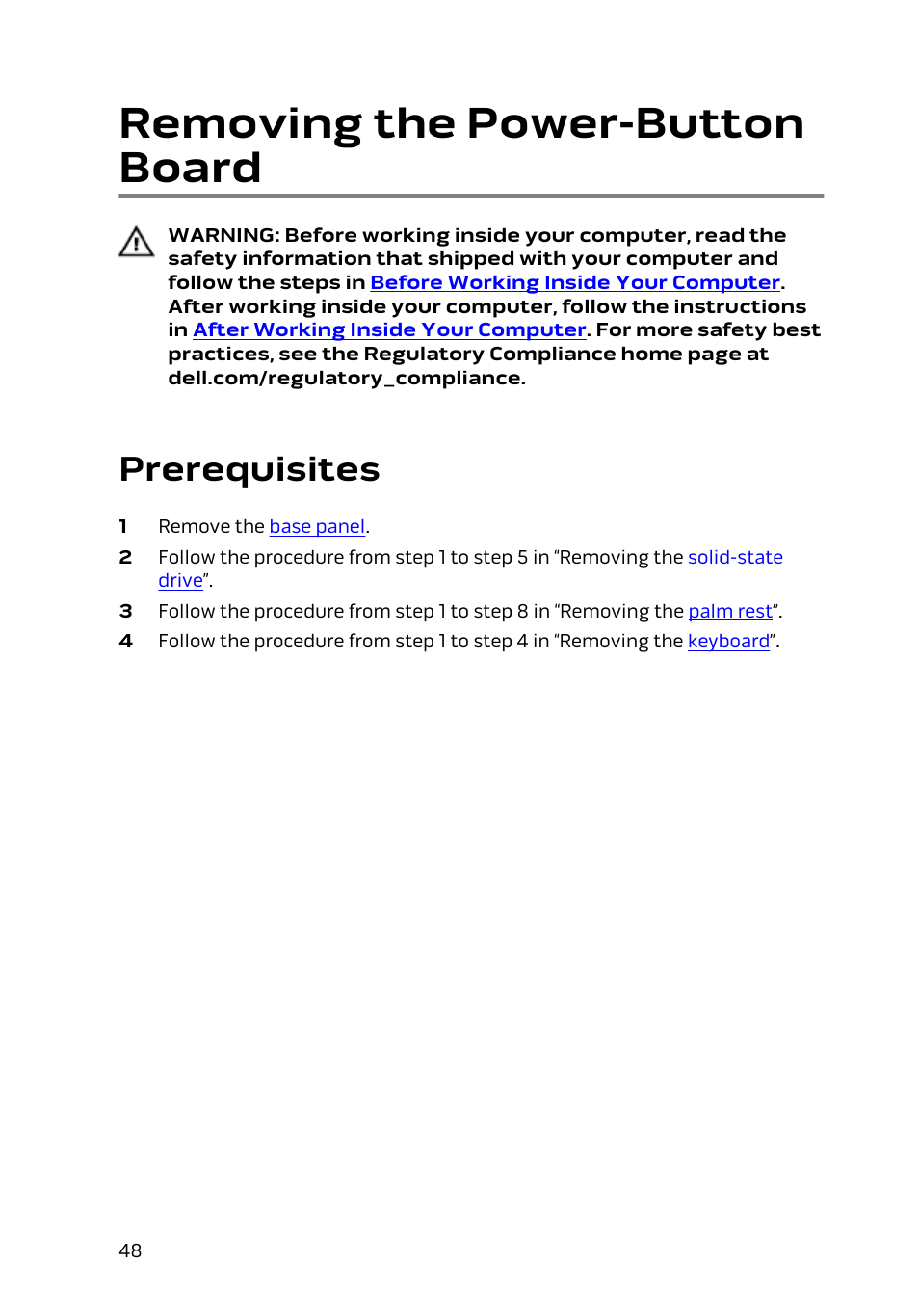 Removing the power-button board, Prerequisites | Dell Alienware 13 (Late 2014) User Manual | Page 48 / 119