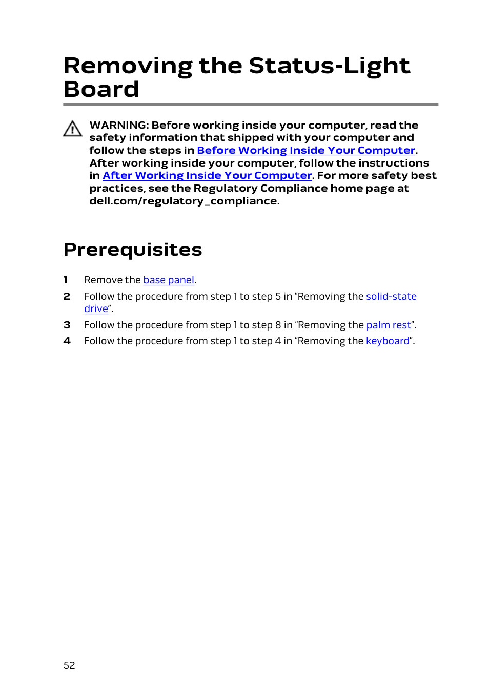 Removing the status-light board, Prerequisites | Dell Alienware 13 (Late 2014) User Manual | Page 52 / 119