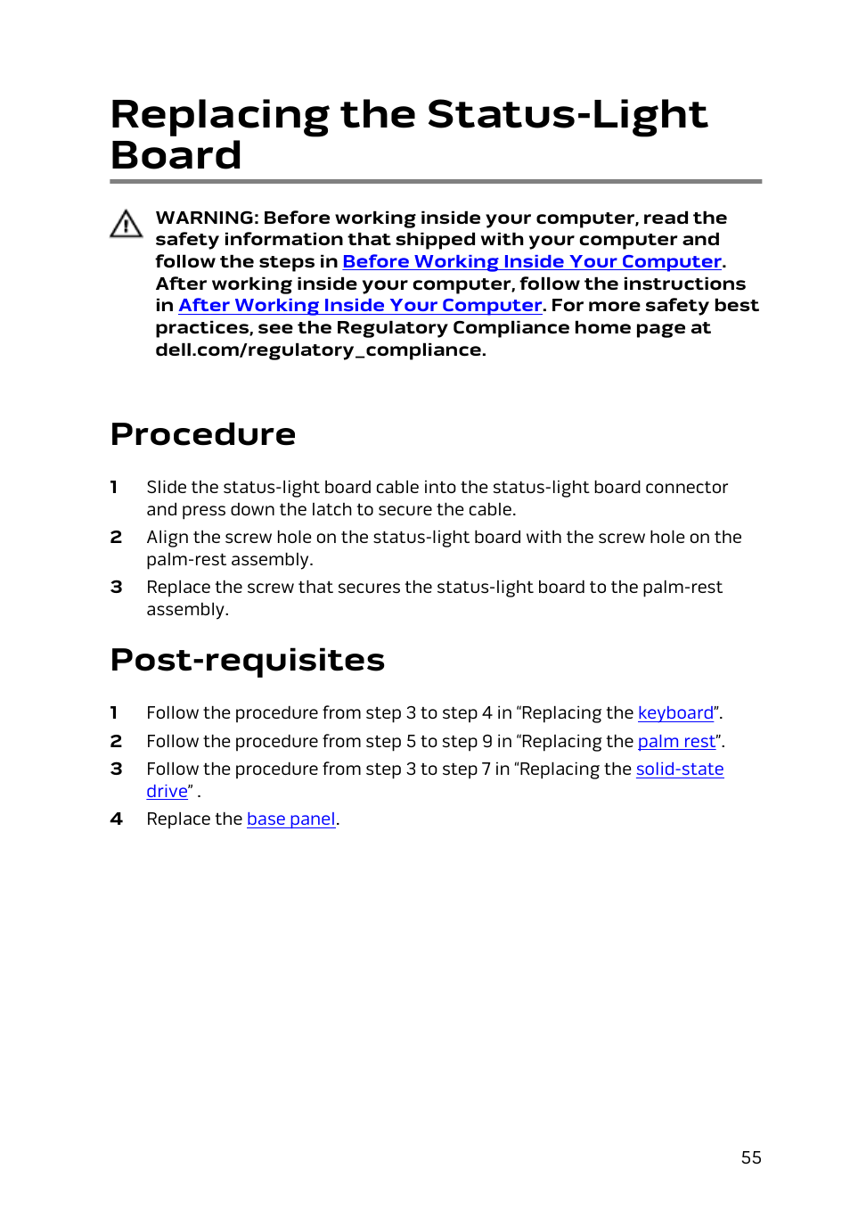 Replacing the status-light board, Procedure, Post-requisites | Status-light board | Dell Alienware 13 (Late 2014) User Manual | Page 55 / 119