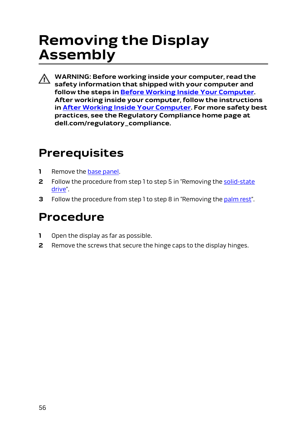 Removing the display assembly, Prerequisites, Procedure | Dell Alienware 13 (Late 2014) User Manual | Page 56 / 119