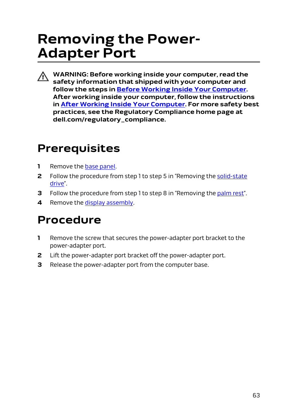 Removing the power-adapter port, Prerequisites, Procedure | Removing the power- adapter port | Dell Alienware 13 (Late 2014) User Manual | Page 63 / 119