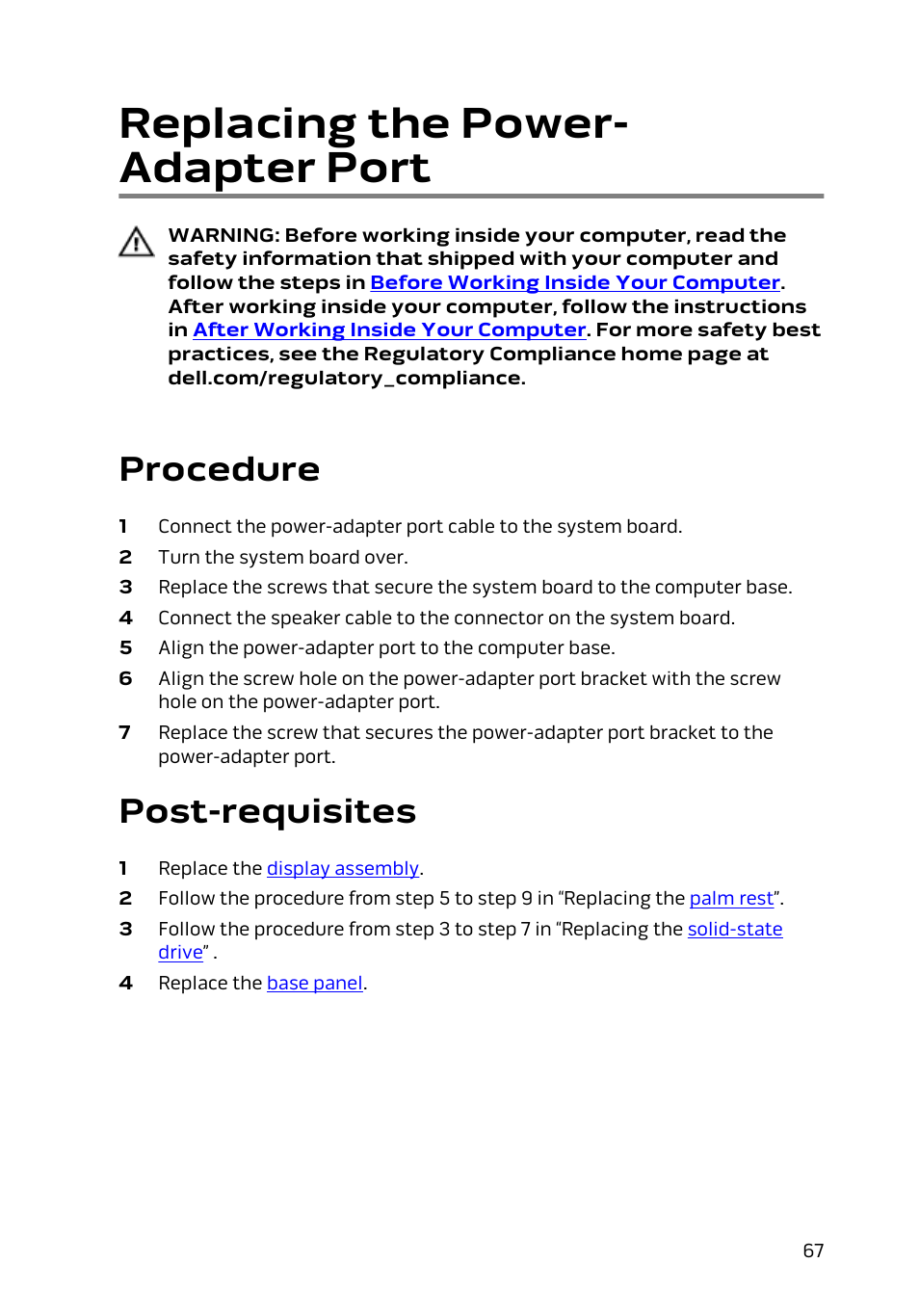 Replacing the power-adapter port, Procedure, Post-requisites | Replacing the power- adapter port | Dell Alienware 13 (Late 2014) User Manual | Page 67 / 119