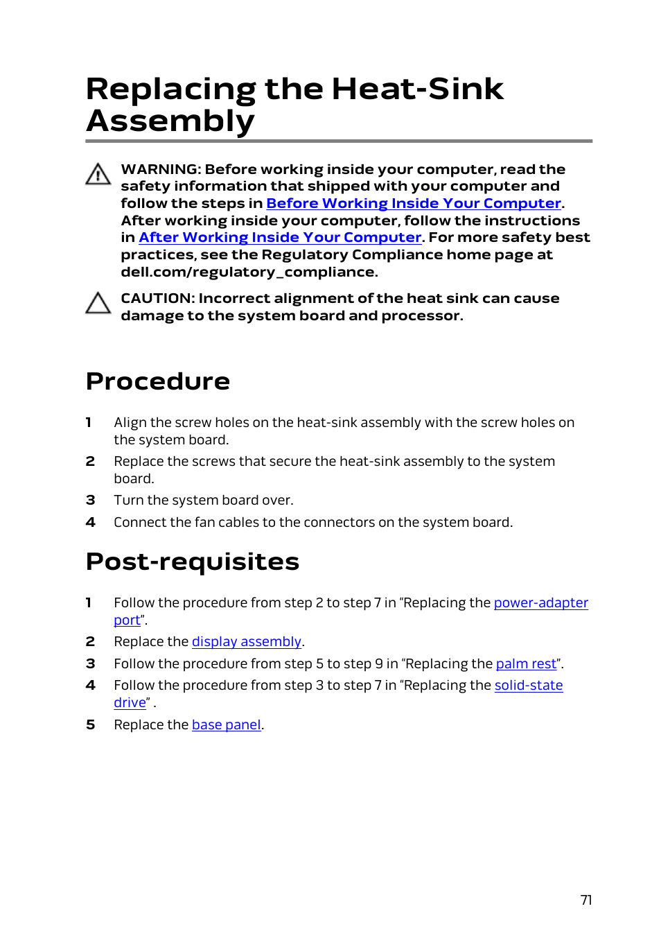 Replacing the heat-sink assembly, Procedure, Post-requisites | Dell Alienware 13 (Late 2014) User Manual | Page 71 / 119