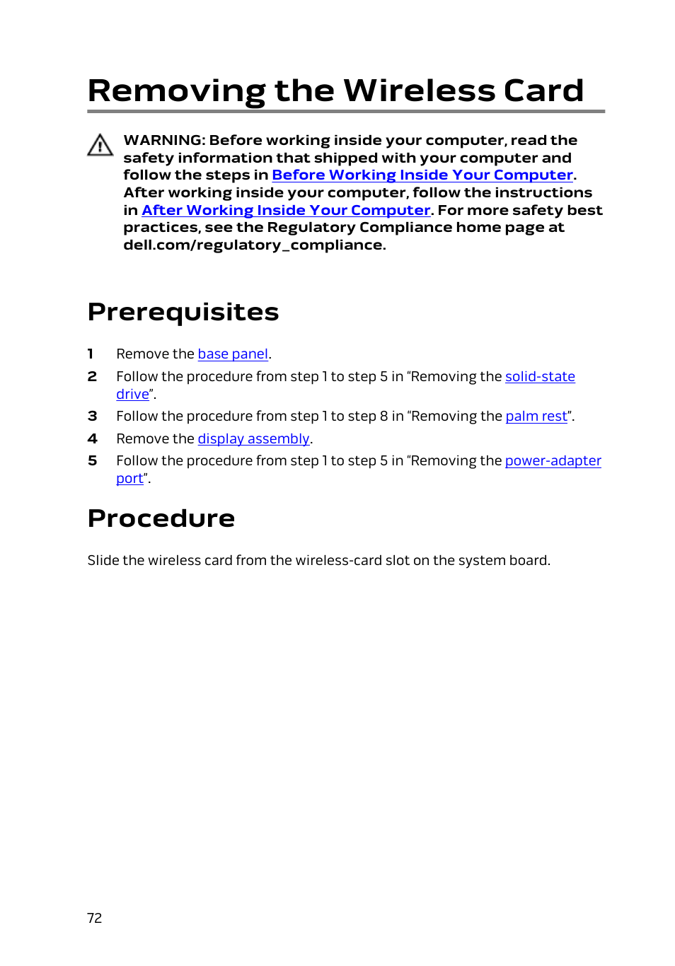 Removing the wireless card, Prerequisites, Procedure | Dell Alienware 13 (Late 2014) User Manual | Page 72 / 119