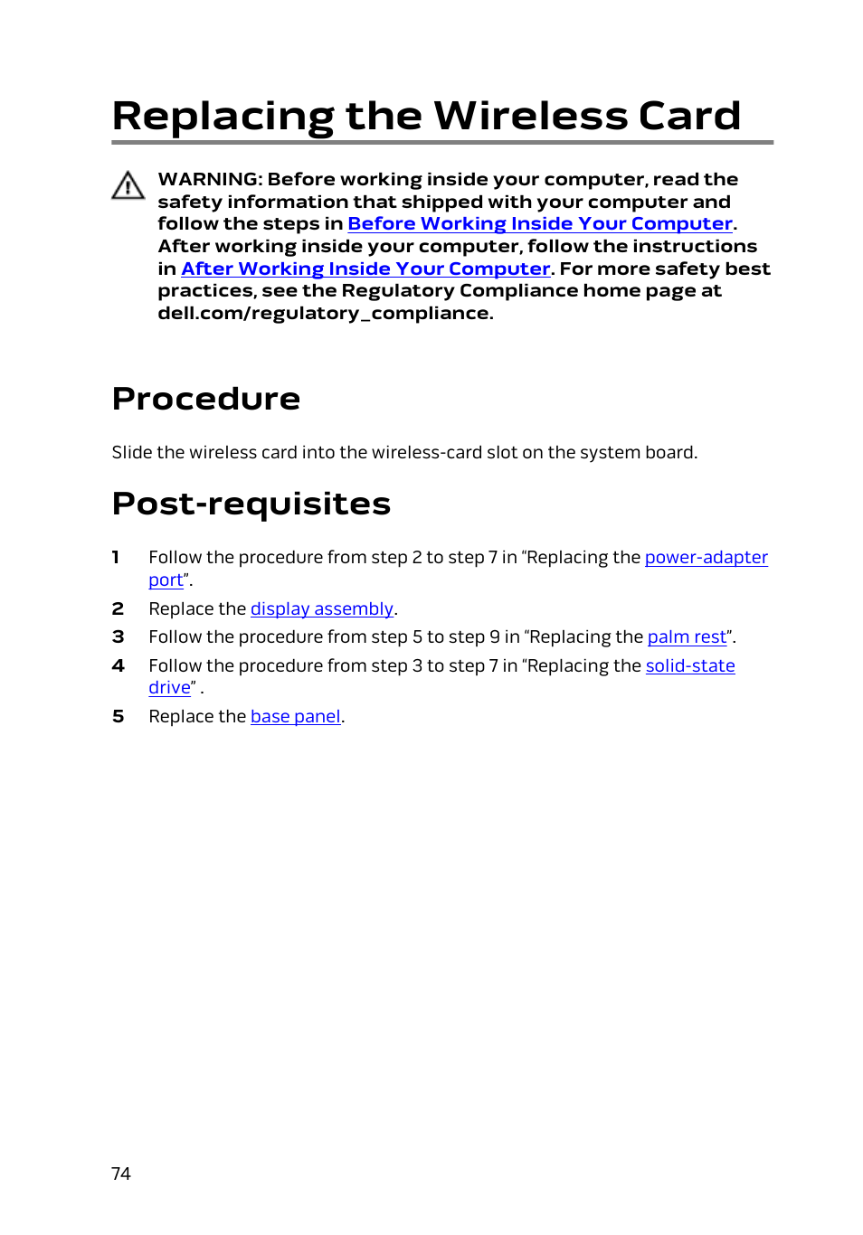 Replacing the wireless card, Procedure, Post-requisites | Dell Alienware 13 (Late 2014) User Manual | Page 74 / 119