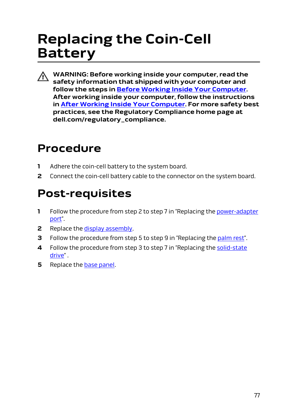 Replacing the coin-cell battery, Procedure, Post-requisites | Dell Alienware 13 (Late 2014) User Manual | Page 77 / 119