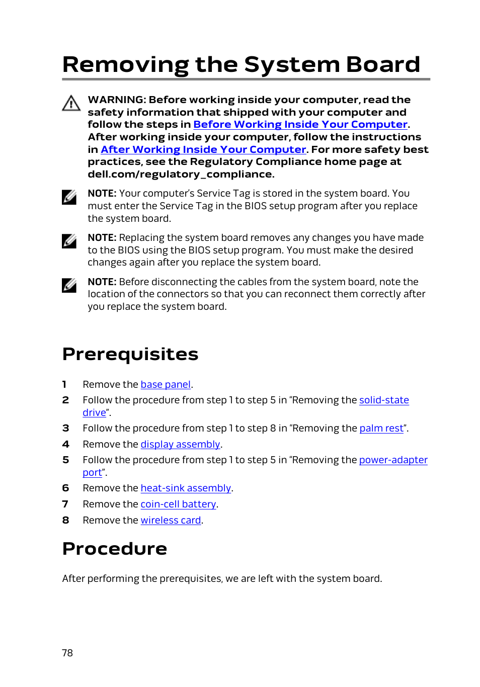 Removing the system board, Prerequisites, Procedure | Dell Alienware 13 (Late 2014) User Manual | Page 78 / 119