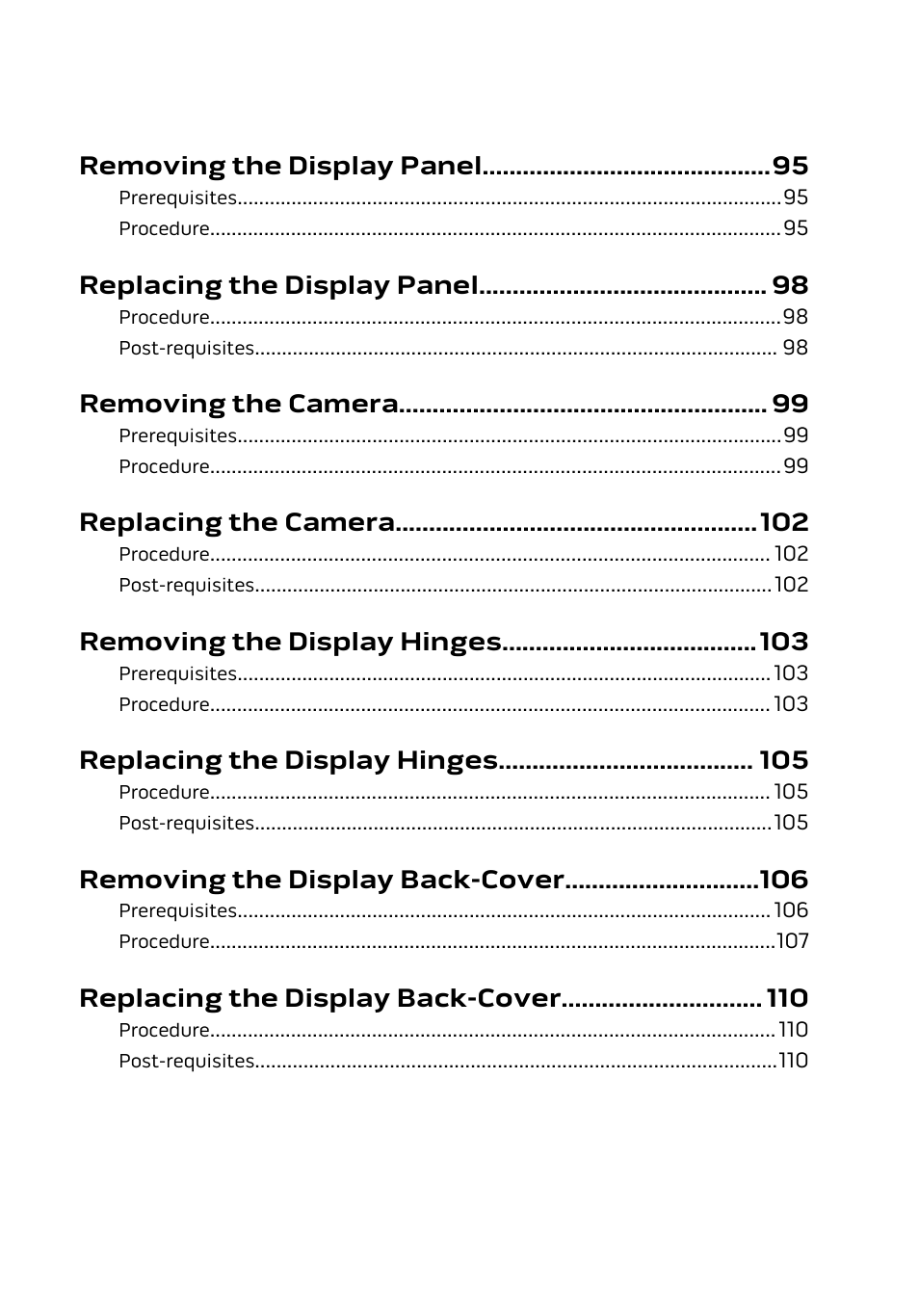 Removing the display panel, Replacing the display panel, Removing the camera | Replacing the camera, Removing the display hinges, Replacing the display hinges, Removing the display back-cover, Replacing the display back-cover | Dell Alienware 13 (Late 2014) User Manual | Page 8 / 119