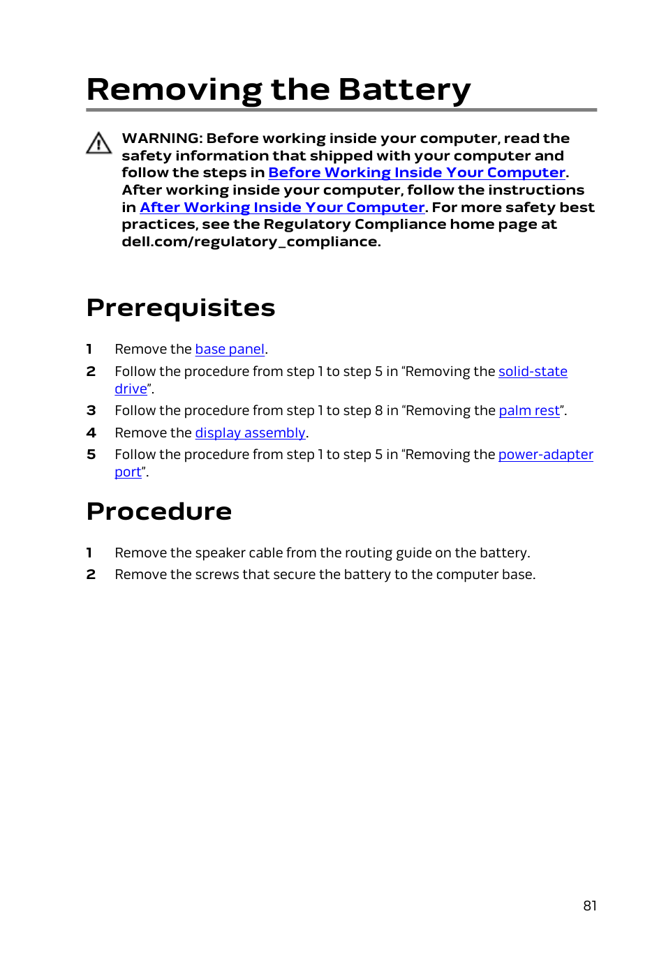 Removing the battery, Prerequisites, Procedure | Dell Alienware 13 (Late 2014) User Manual | Page 81 / 119