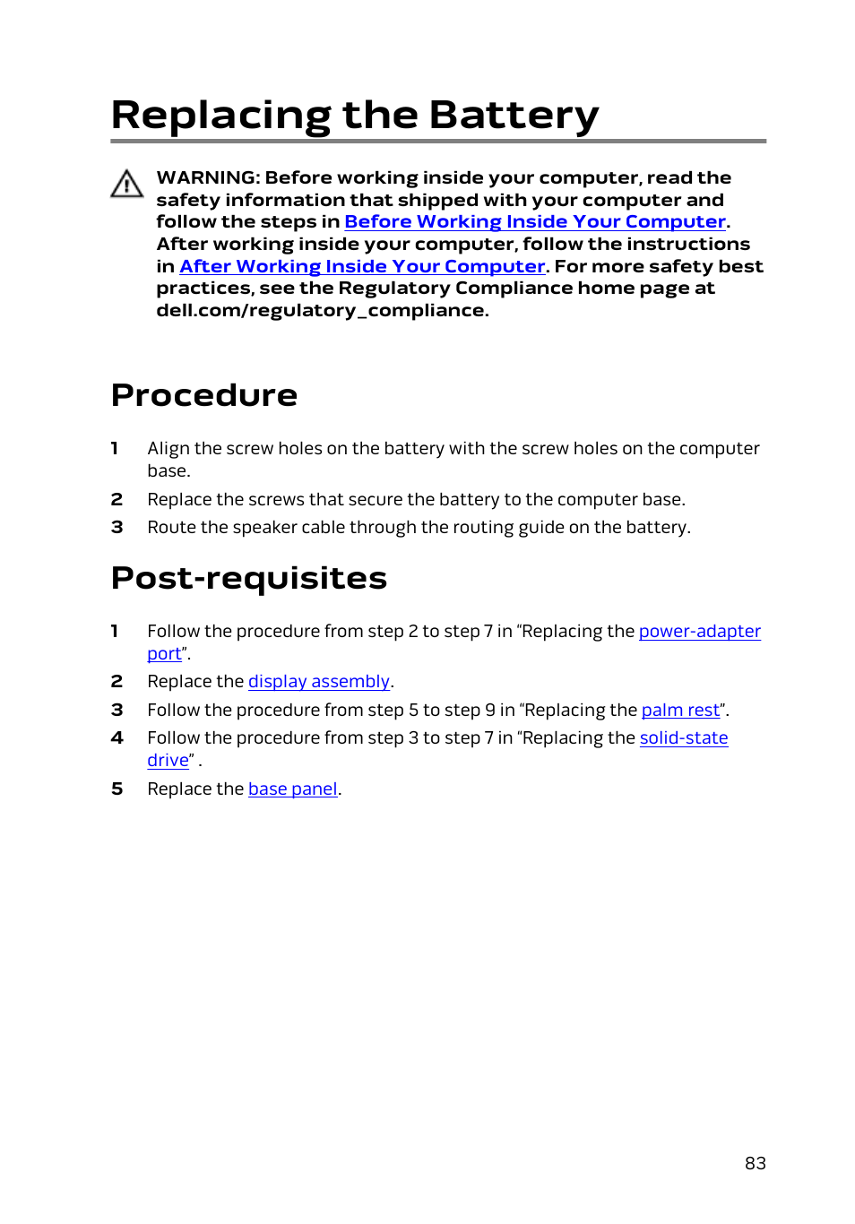 Replacing the battery, Procedure, Post-requisites | Dell Alienware 13 (Late 2014) User Manual | Page 83 / 119