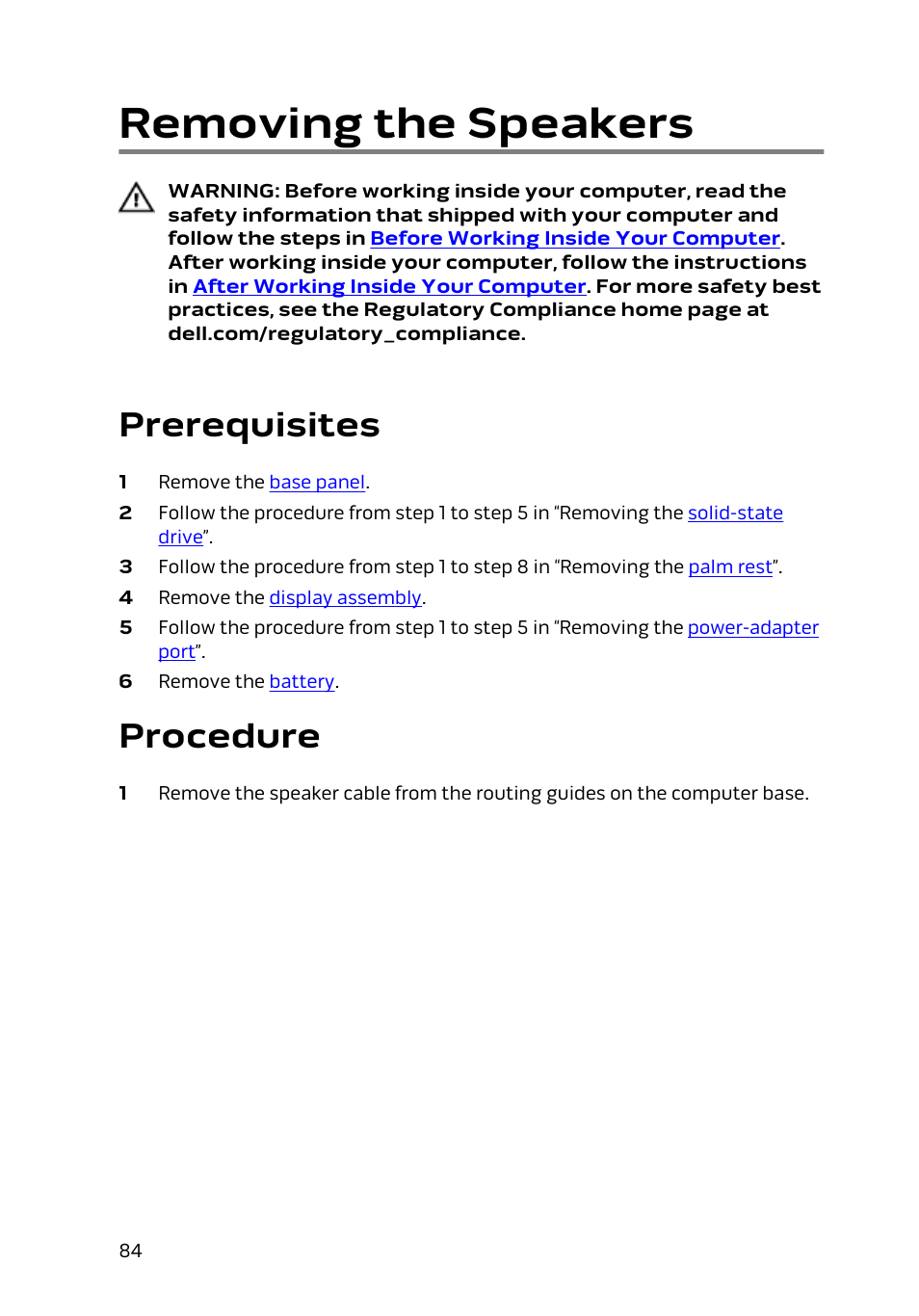 Removing the speakers, Prerequisites, Procedure | Dell Alienware 13 (Late 2014) User Manual | Page 84 / 119