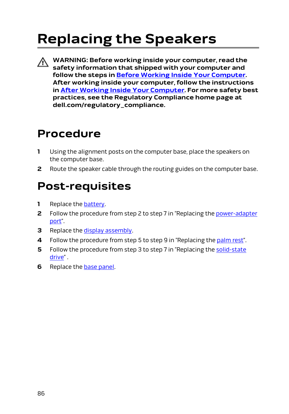 Replacing the speakers, Procedure, Post-requisites | Dell Alienware 13 (Late 2014) User Manual | Page 86 / 119