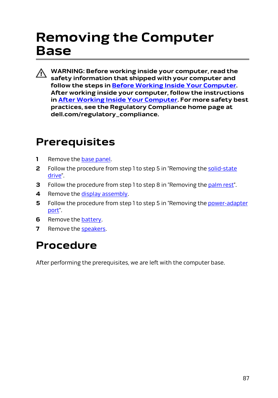 Removing the computer base, Prerequisites, Procedure | Dell Alienware 13 (Late 2014) User Manual | Page 87 / 119