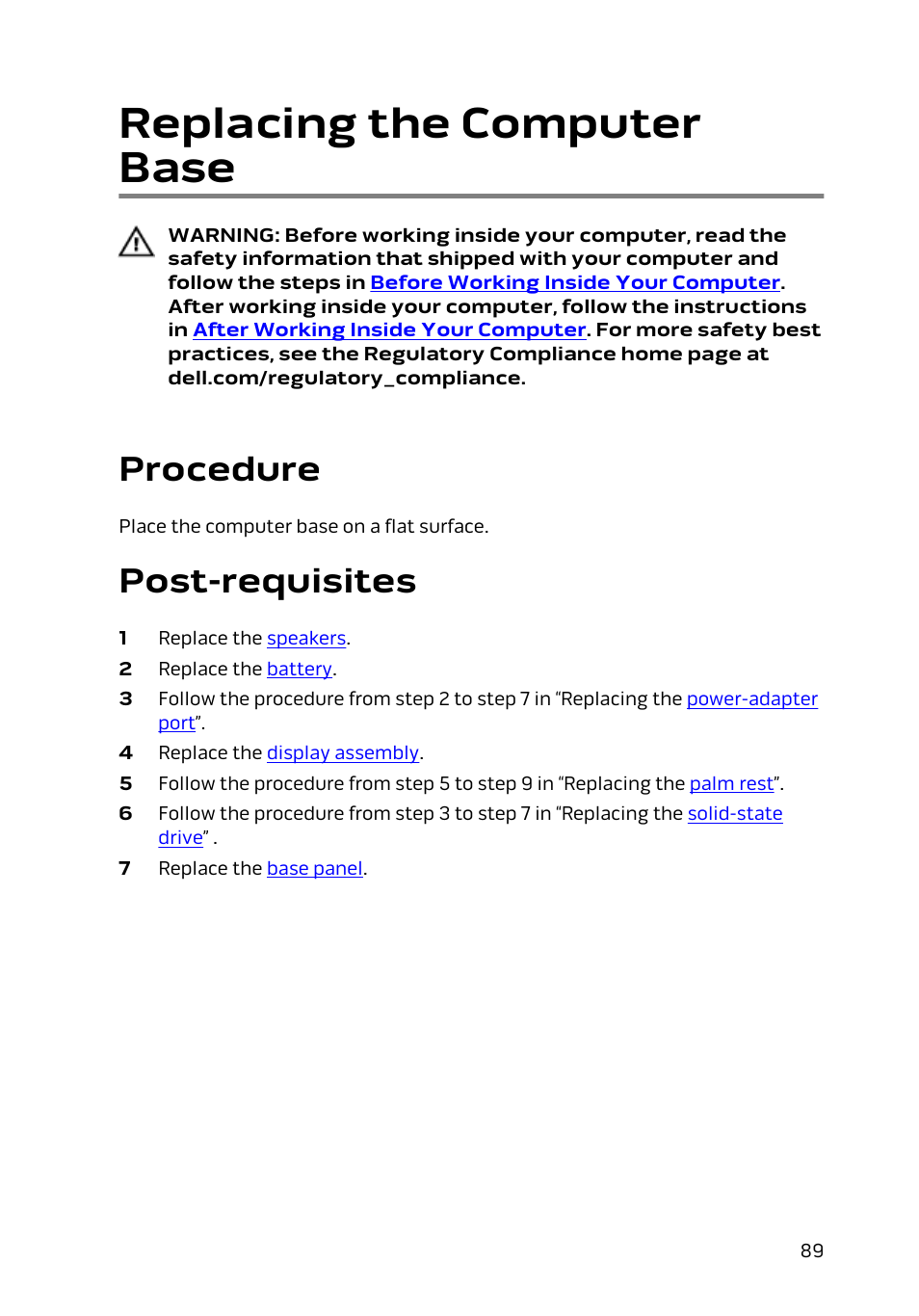 Replacing the computer base, Procedure, Post-requisites | Dell Alienware 13 (Late 2014) User Manual | Page 89 / 119