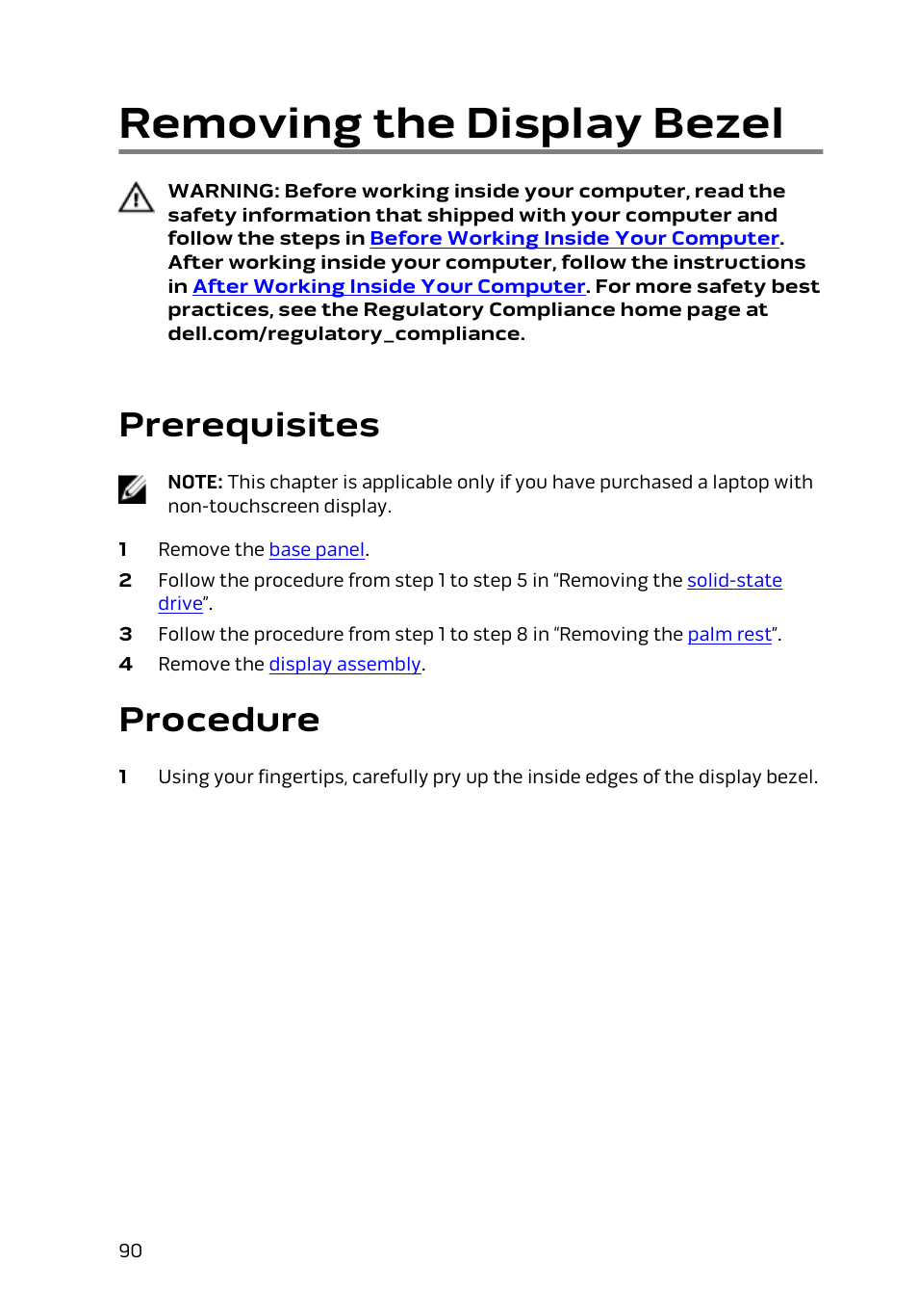 Removing the display bezel, Prerequisites, Procedure | Dell Alienware 13 (Late 2014) User Manual | Page 90 / 119