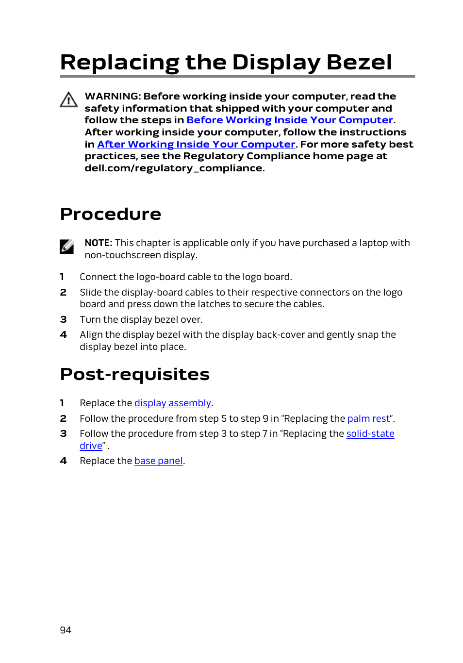 Replacing the display bezel, Procedure, Post-requisites | Dell Alienware 13 (Late 2014) User Manual | Page 94 / 119