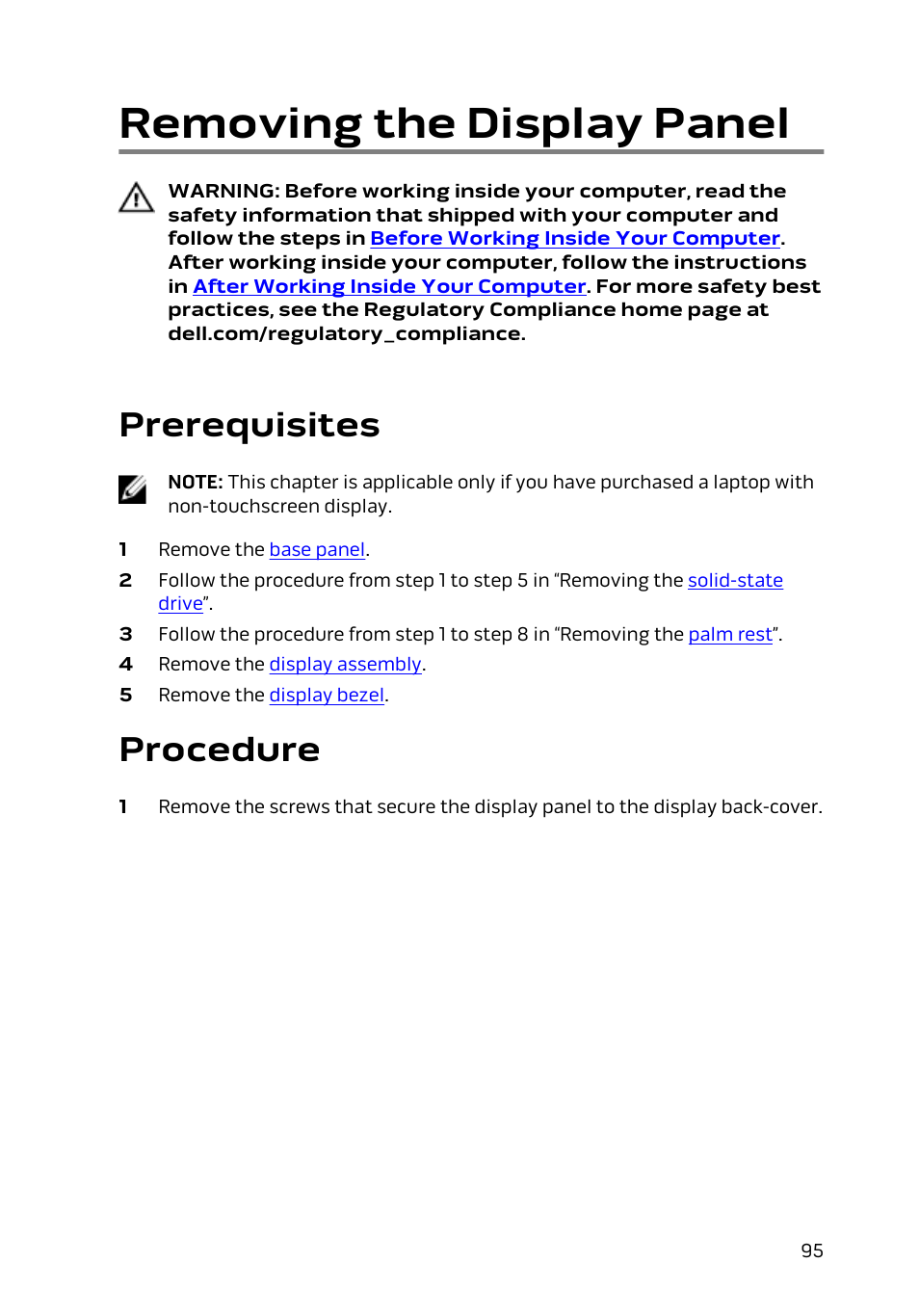 Removing the display panel, Prerequisites, Procedure | Dell Alienware 13 (Late 2014) User Manual | Page 95 / 119