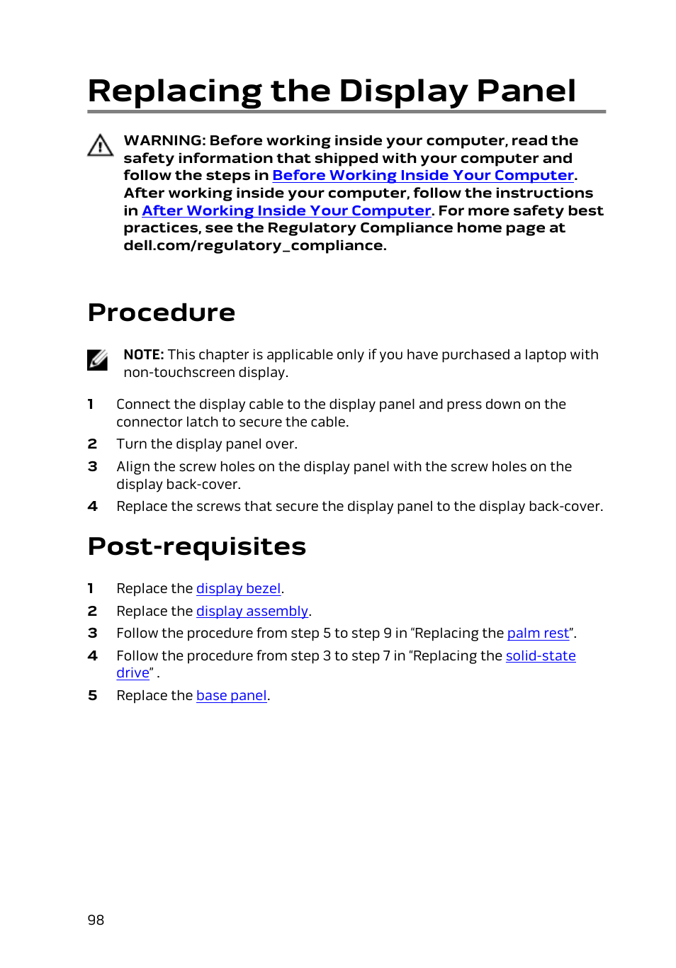 Replacing the display panel, Procedure, Post-requisites | Dell Alienware 13 (Late 2014) User Manual | Page 98 / 119