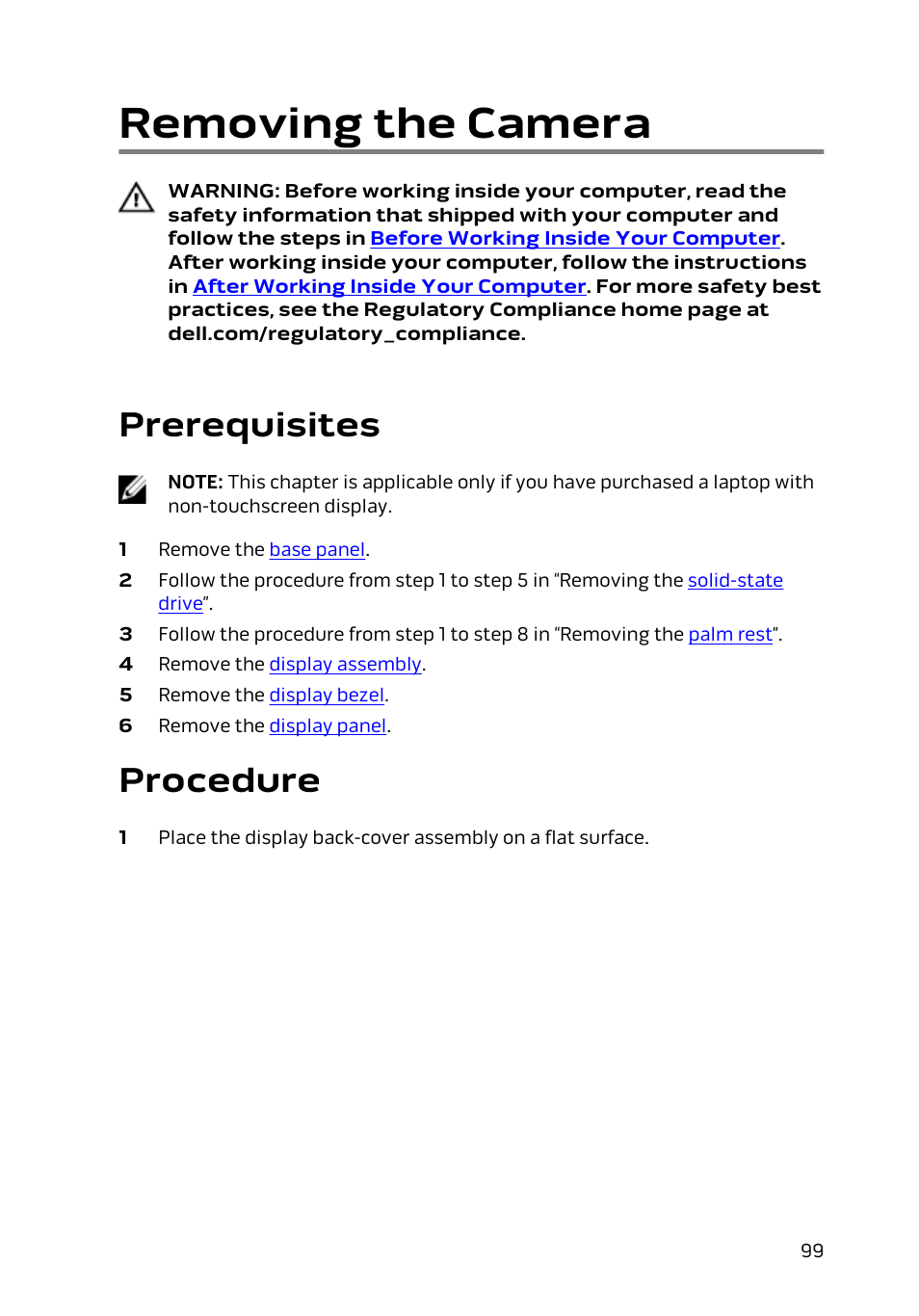 Removing the camera, Prerequisites, Procedure | Dell Alienware 13 (Late 2014) User Manual | Page 99 / 119