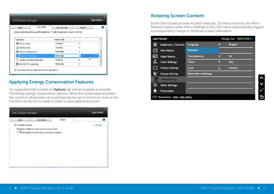 Rotating screen content, Applying energy conservation features | Dell P2014H Monitor User Manual | Page 3 / 3