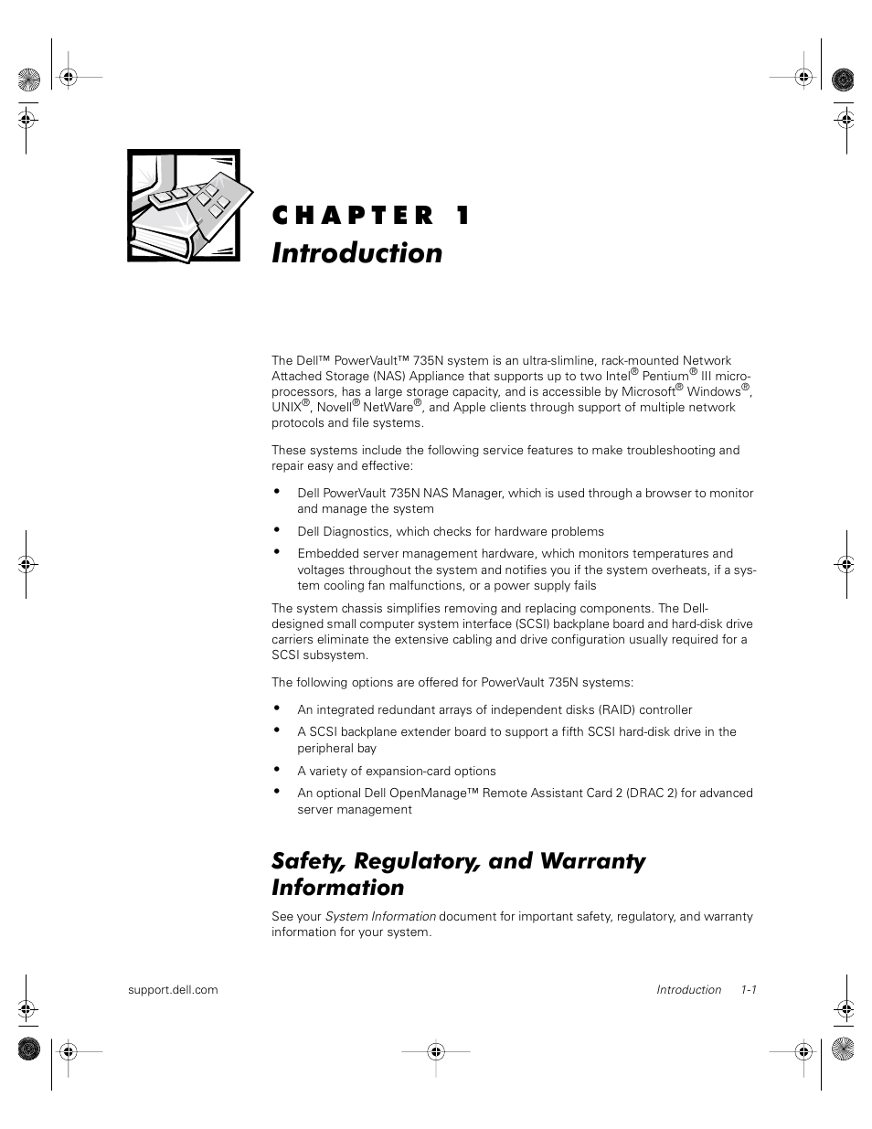 87mpgbk0.book(87mpgc10.fm), Introduction, Safety, regulatory, and warranty information | Chapter 1, Introduction -1, Safety, regulatory, and warranty information -1, Getting help -2 | Dell PowerVault 735N (Rackmount NAS Appliance) User Manual | Page 11 / 118