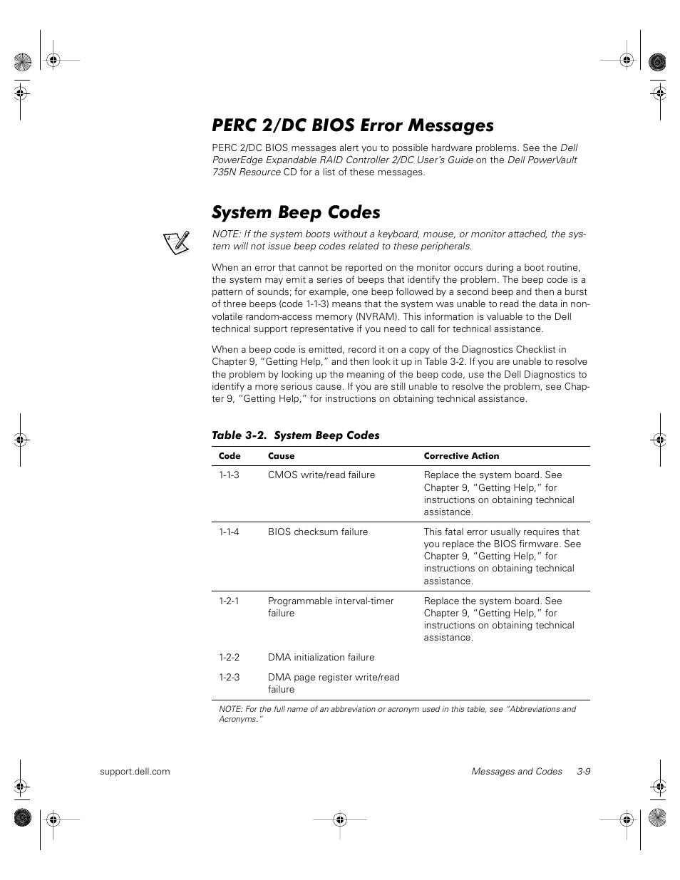 Perc 2/dc bios error messages, System beep codes | Dell PowerVault 735N (Rackmount NAS Appliance) User Manual | Page 27 / 118