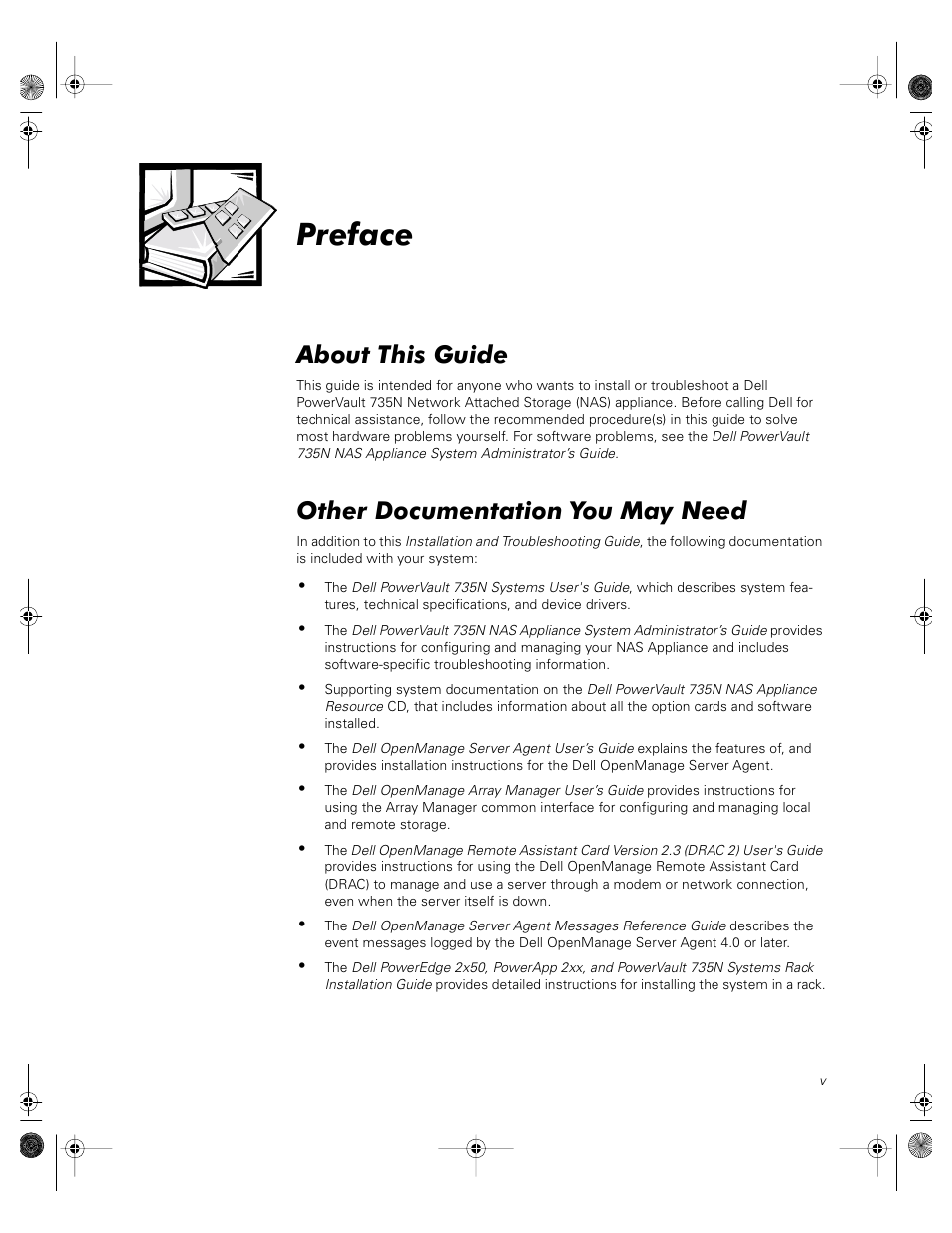 87mpgbk0.book(87mpgpr0.fm), Preface, About this guide | Other documentation you may need | Dell PowerVault 735N (Rackmount NAS Appliance) User Manual | Page 3 / 118