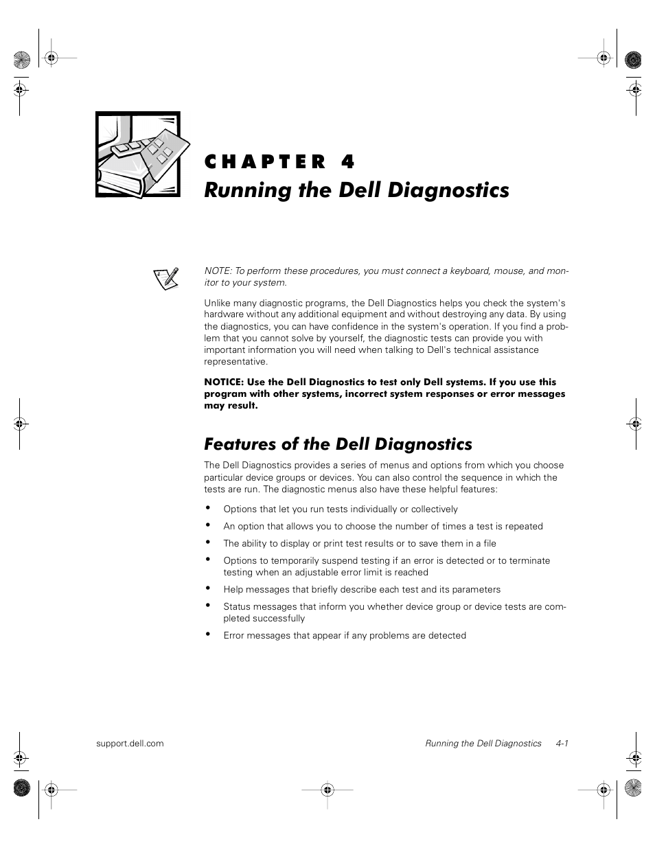 87mpgbk0.book(87mpgc40.fm), Running the dell diagnostics, Features of the dell diagnostics | Chapter 4, Running the dell diagnostics -1, Features of the dell diagnostics -1, When to use the dell diagnostics -2, Creating diagnostic diskettes -2, Starting the dell diagnostics -2, How to use the dell diagnostics -3 | Dell PowerVault 735N (Rackmount NAS Appliance) User Manual | Page 35 / 118