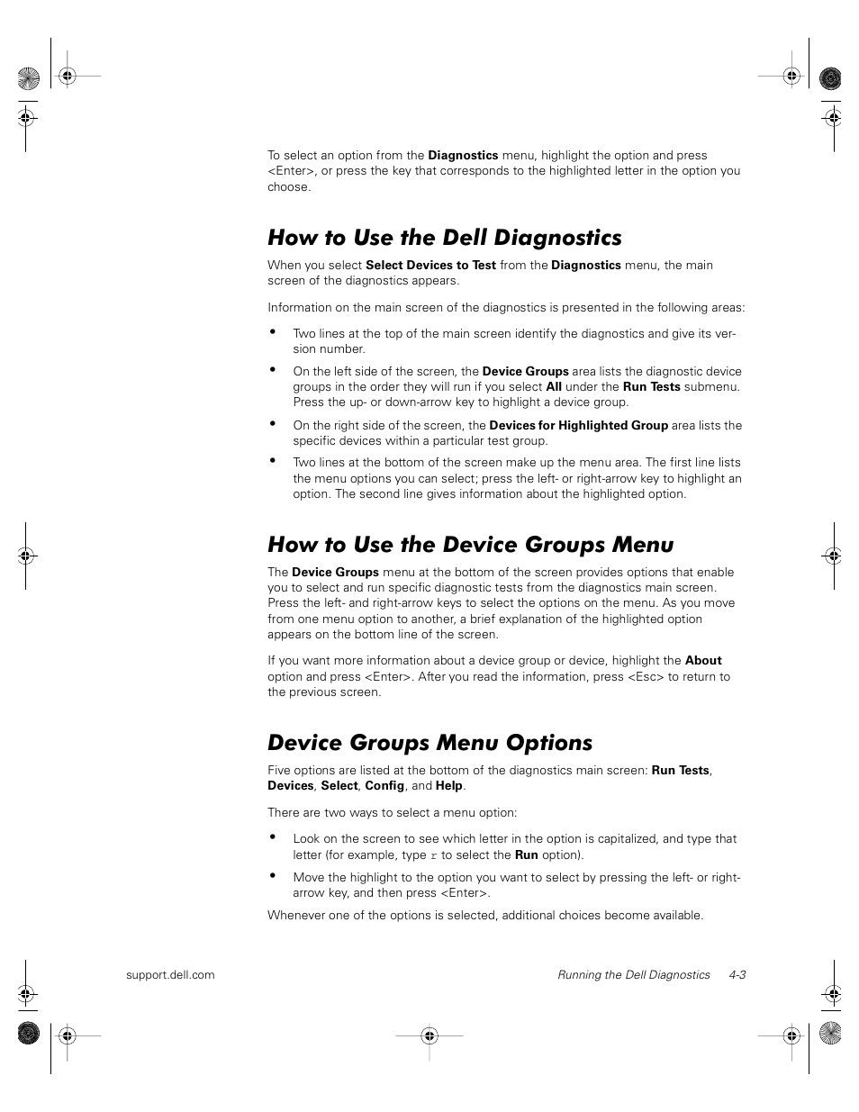 How to use the dell diagnostics, How to use the device groups menu, Device groups menu options | Dell PowerVault 735N (Rackmount NAS Appliance) User Manual | Page 37 / 118