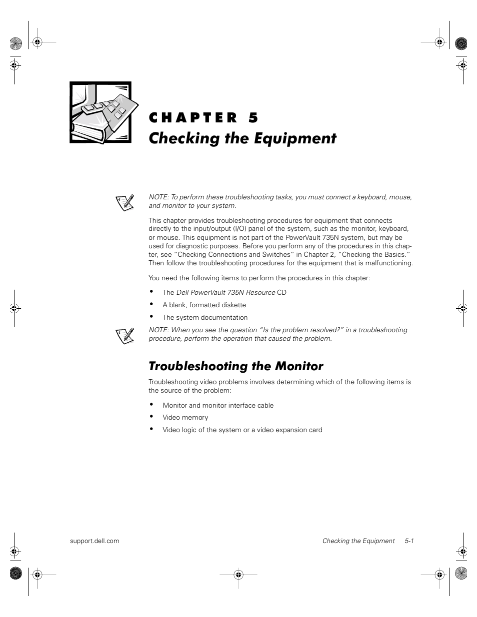 87mpgbk0.book(87mpgc50.fm), Checking the equipment, Troubleshooting the monitor | Chapter 5, Checking the equipment -1, Troubleshooting the monitor -1, Troubleshooting the keyboard -2, Troubleshooting the basic i/o functions -3, Troubleshooting a serial i/o device -4, Troubleshooting the integrated nic -5 | Dell PowerVault 735N (Rackmount NAS Appliance) User Manual | Page 41 / 118