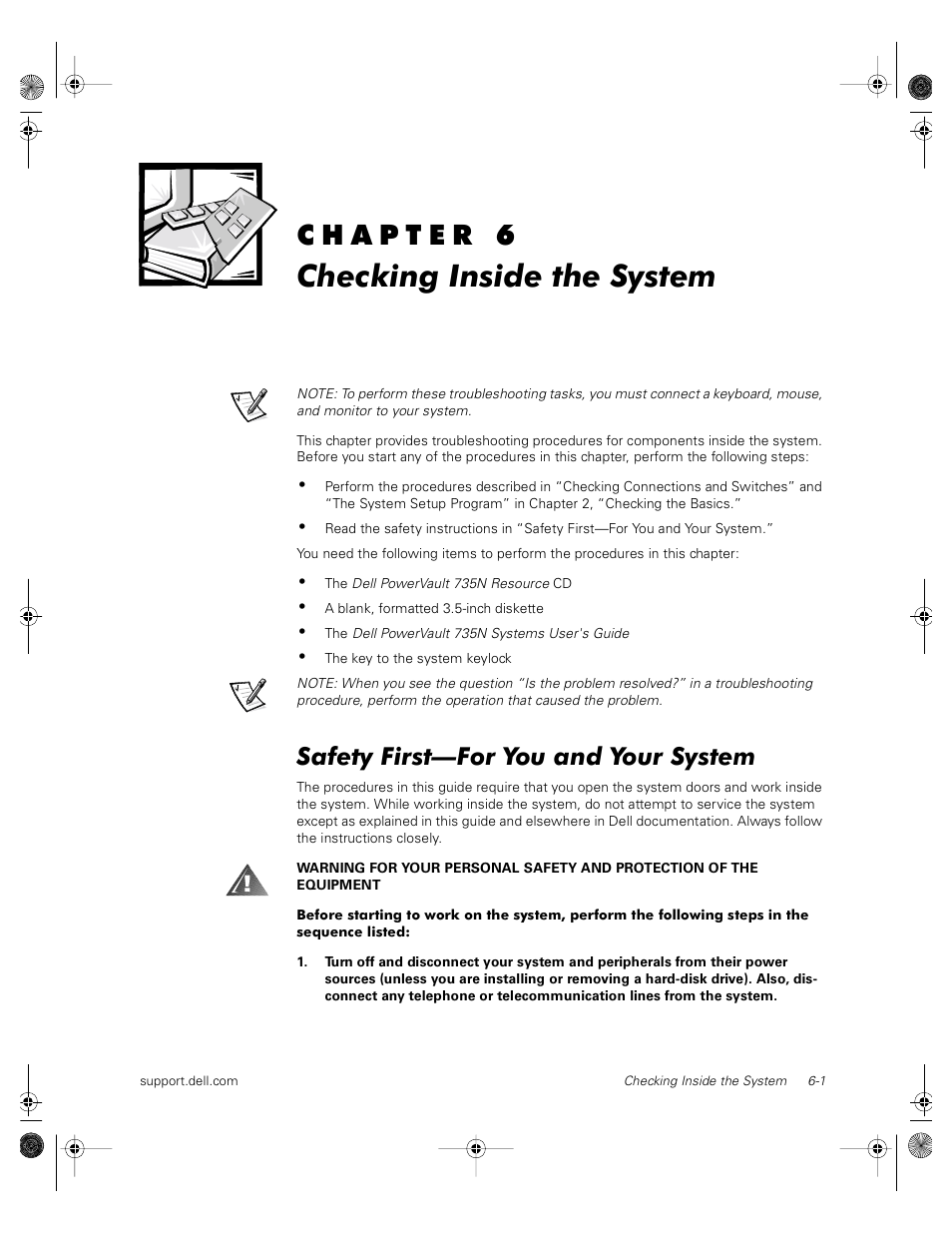 87mpgbk0.book(87mpgc60.fm), Checking inside the system, Safety first—for you and your system | Chapter 6, Checking inside the system -1, Safety first—for you and your system -1, Opening the system doors -2, Removing the optional front bezel -3, Removing and replacing the expansion-card cage -4, Inside the chassis -5 | Dell PowerVault 735N (Rackmount NAS Appliance) User Manual | Page 47 / 118