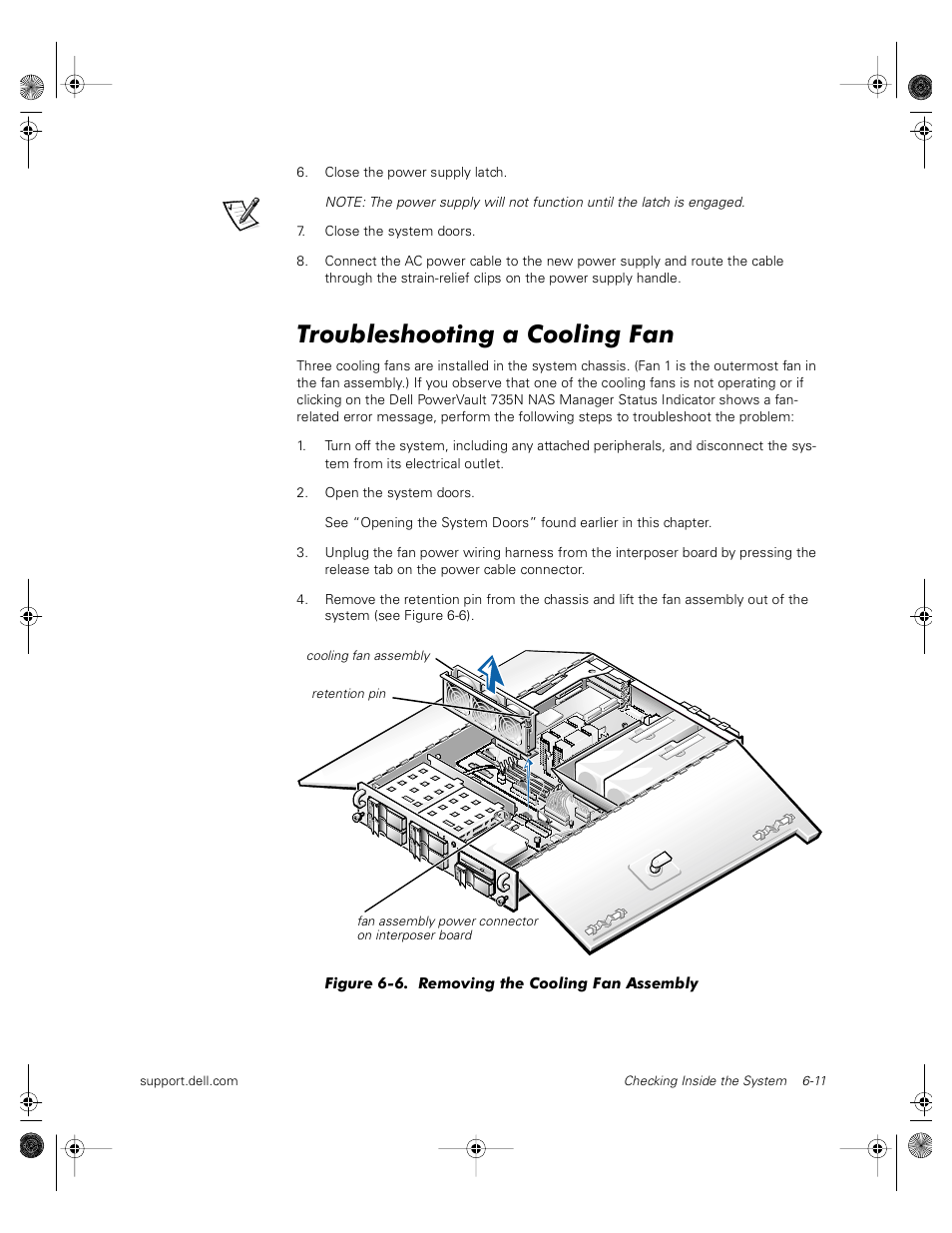 Troubleshooting a cooling fan | Dell PowerVault 735N (Rackmount NAS Appliance) User Manual | Page 57 / 118