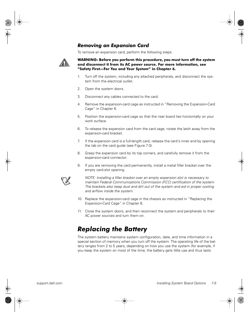 Removing an expansion card, Replacing the battery | Dell PowerVault 735N (Rackmount NAS Appliance) User Manual | Page 73 / 118