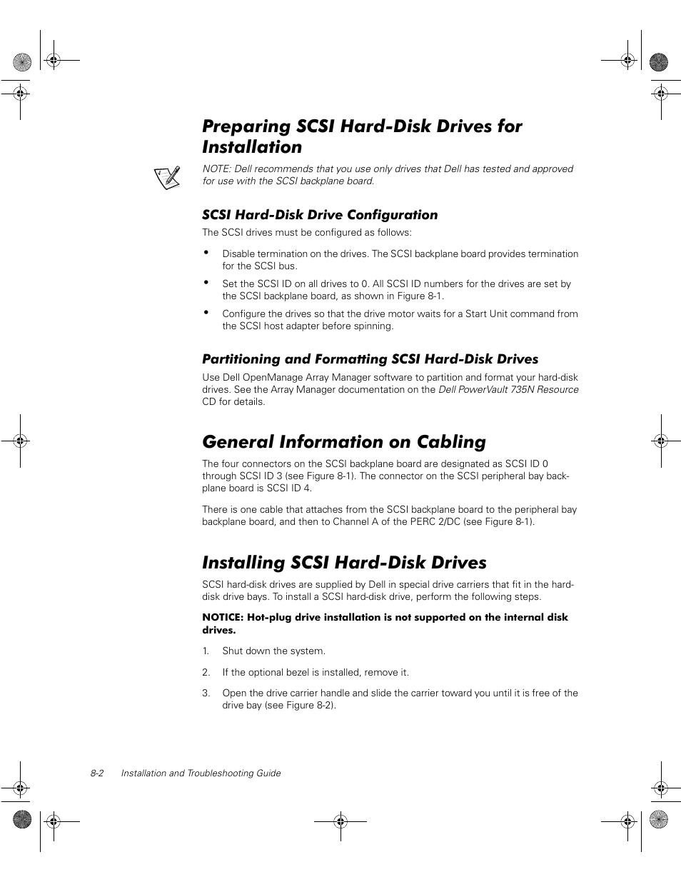 Preparing scsi hard-disk drives for installation, Scsi hard-disk drive configuration, Partitioning and formatting scsi hard-disk drives | General information on cabling, Installing scsi hard-disk drives | Dell PowerVault 735N (Rackmount NAS Appliance) User Manual | Page 78 / 118