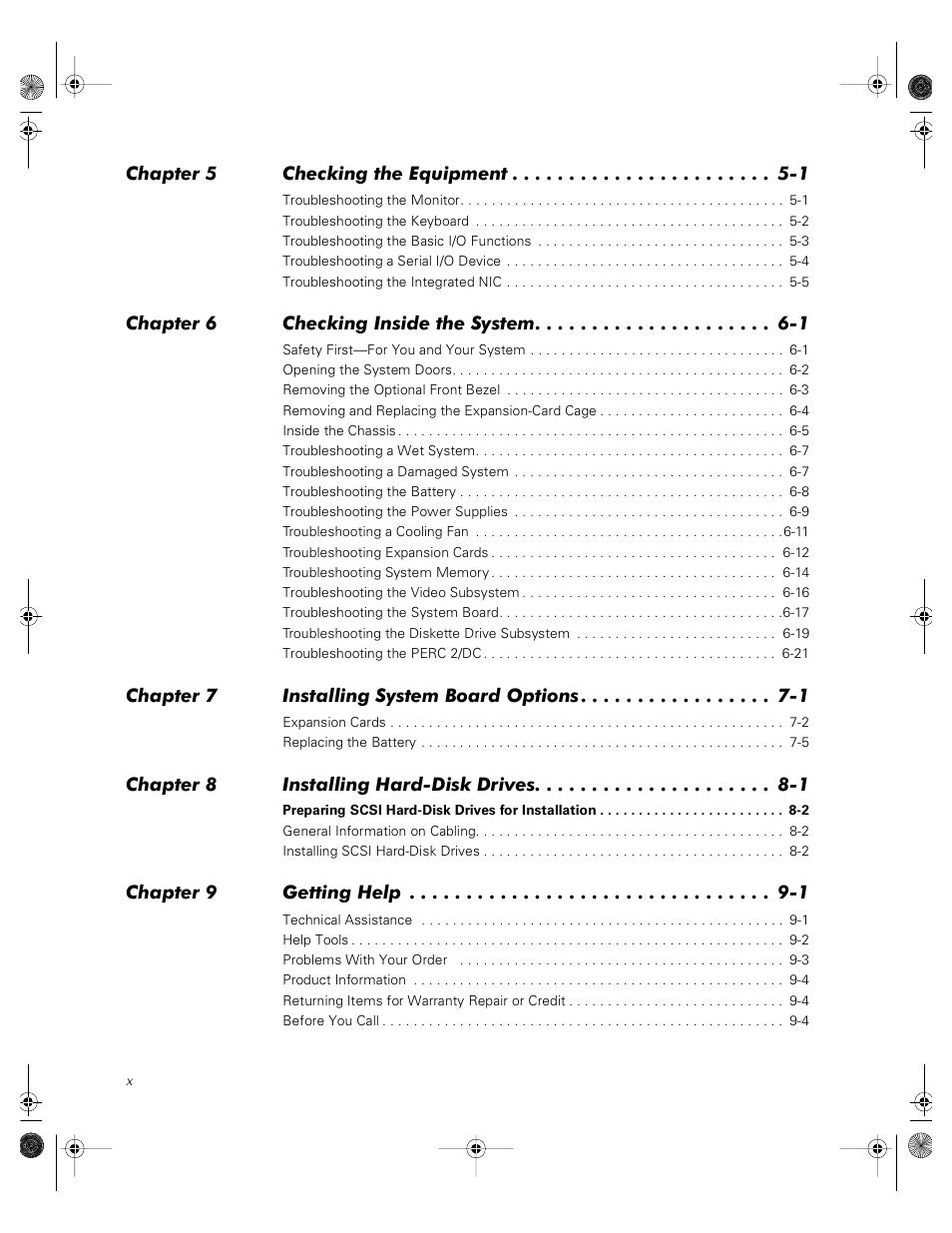 Chapter 5 checking the equipment -1, Chapter 6 checking inside the system -1, Chapter 7 installing system board options -1 | Chapter 8 installing hard-disk drives -1, Chapter 9 getting help -1 | Dell PowerVault 735N (Rackmount NAS Appliance) User Manual | Page 8 / 118