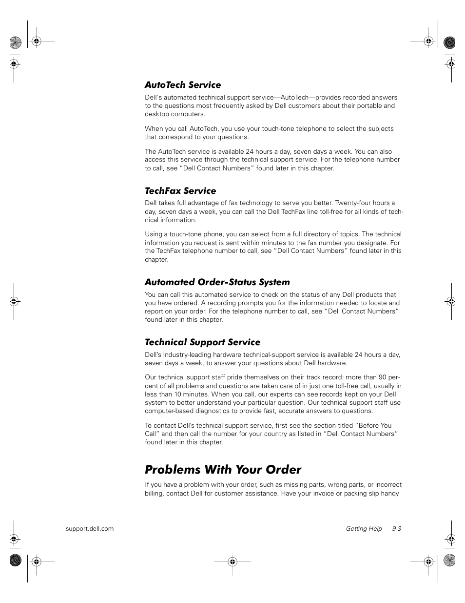 Autotech service, Techfax service, Automated order-status system | Technical support service, Problems with your order | Dell PowerVault 735N (Rackmount NAS Appliance) User Manual | Page 83 / 118