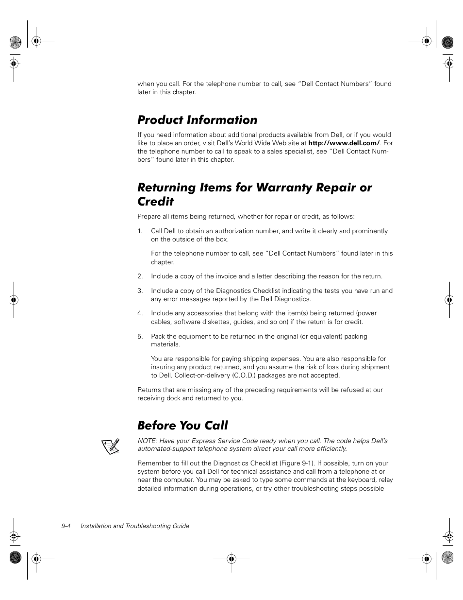 Product information, Returning items for warranty repair or credit, Before you call | Dell PowerVault 735N (Rackmount NAS Appliance) User Manual | Page 84 / 118