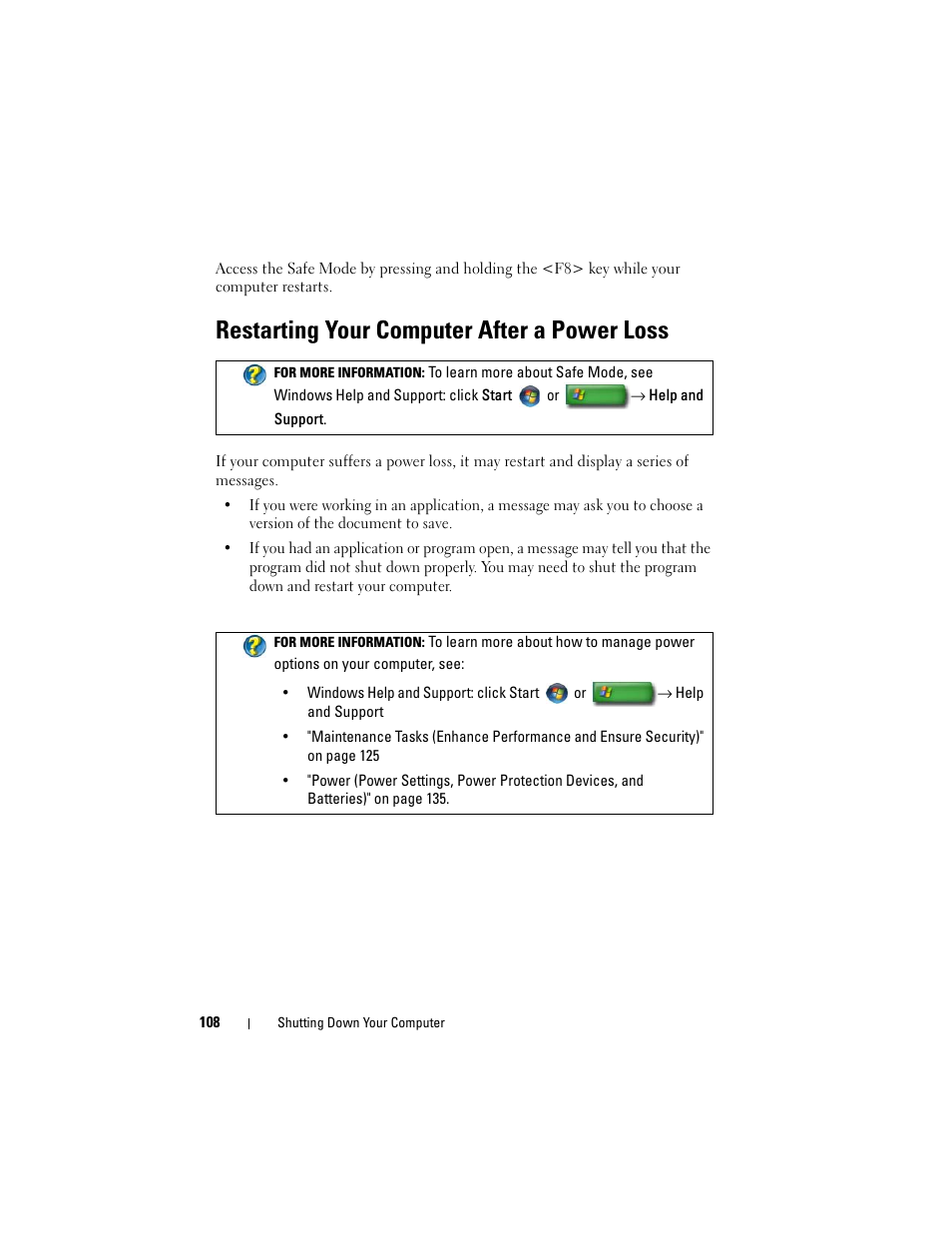 Restarting your computer after a power loss | Dell Studio 1747 (Late 2009) User Manual | Page 108 / 354