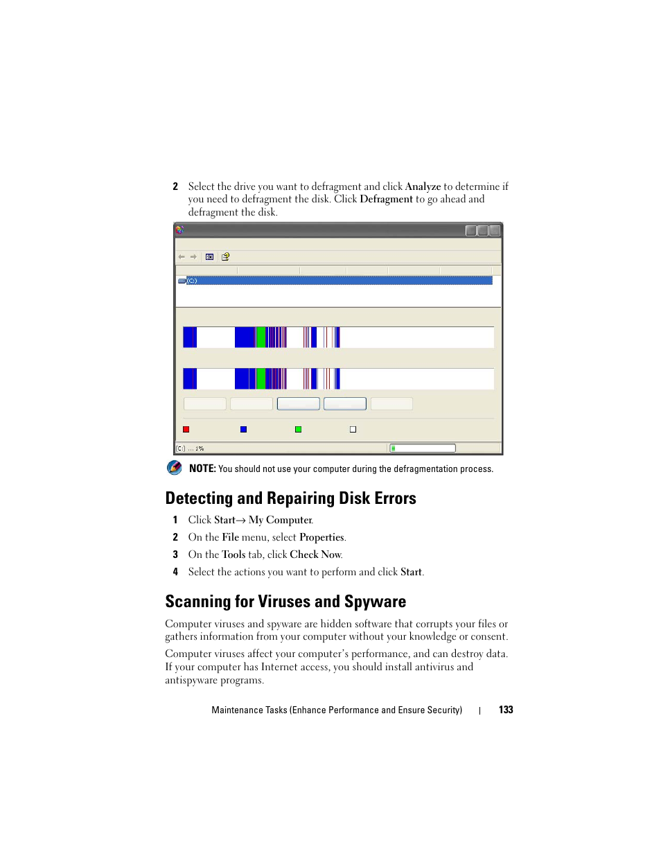 Detecting and repairing disk errors, Scanning for viruses and spyware | Dell Studio 1747 (Late 2009) User Manual | Page 133 / 354