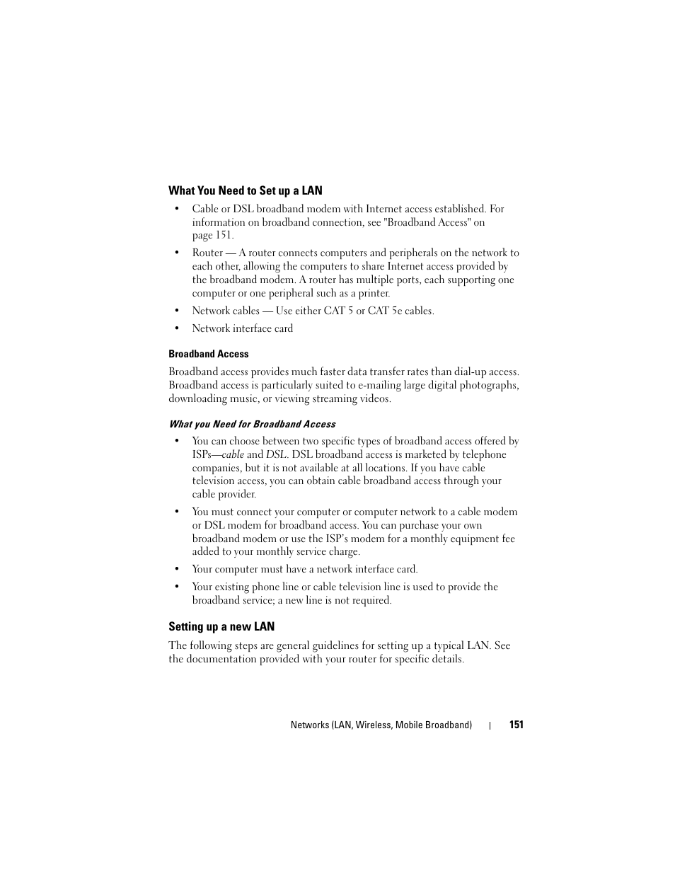 What you need to set up a lan, Setting up a new lan | Dell Studio 1747 (Late 2009) User Manual | Page 151 / 354