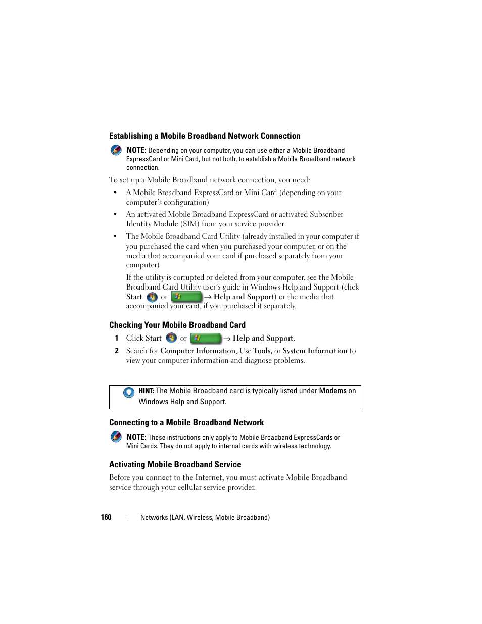 Establishing a mobile broadband network connection, Checking your mobile broadband card, Connecting to a mobile broadband network | Activating mobile broadband service | Dell Studio 1747 (Late 2009) User Manual | Page 160 / 354